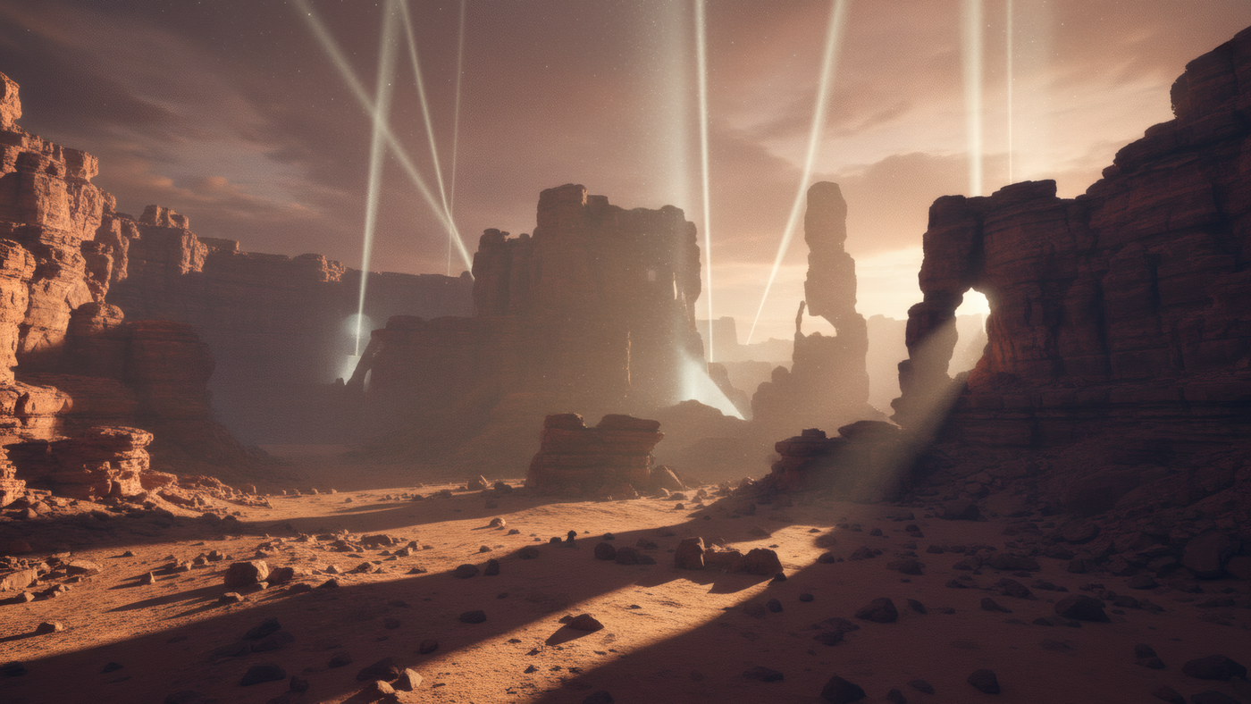 Desert Landscape with Light Beams