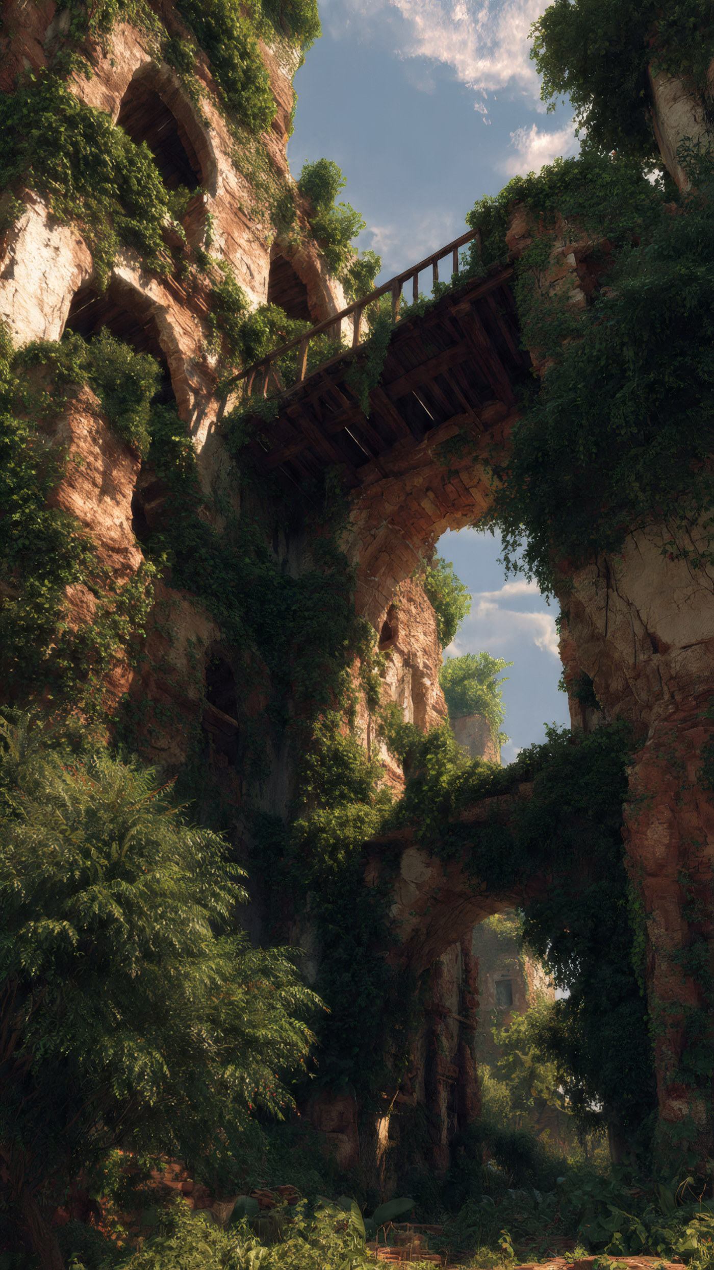 Overgrown Ruins with Stone Bridges