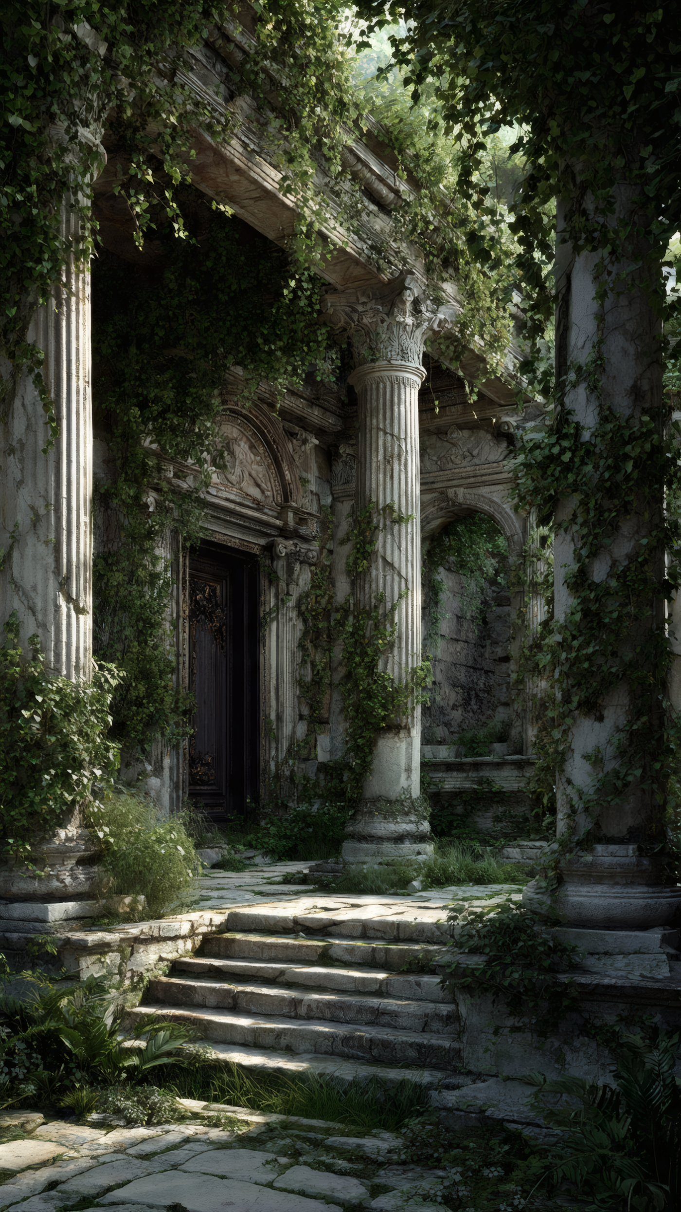 Ancient Ruins and Lush Vegetation