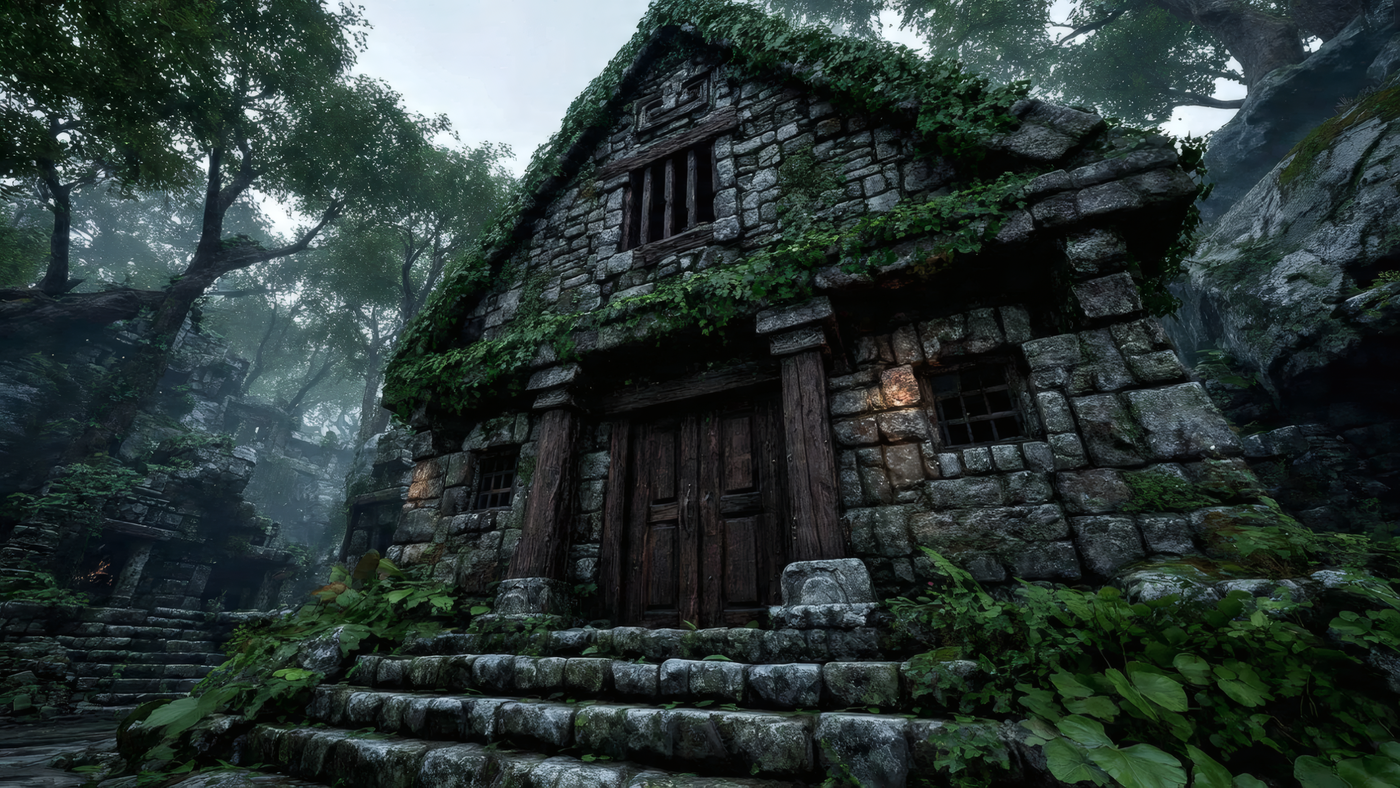 Mossy Stone Building in the Forest