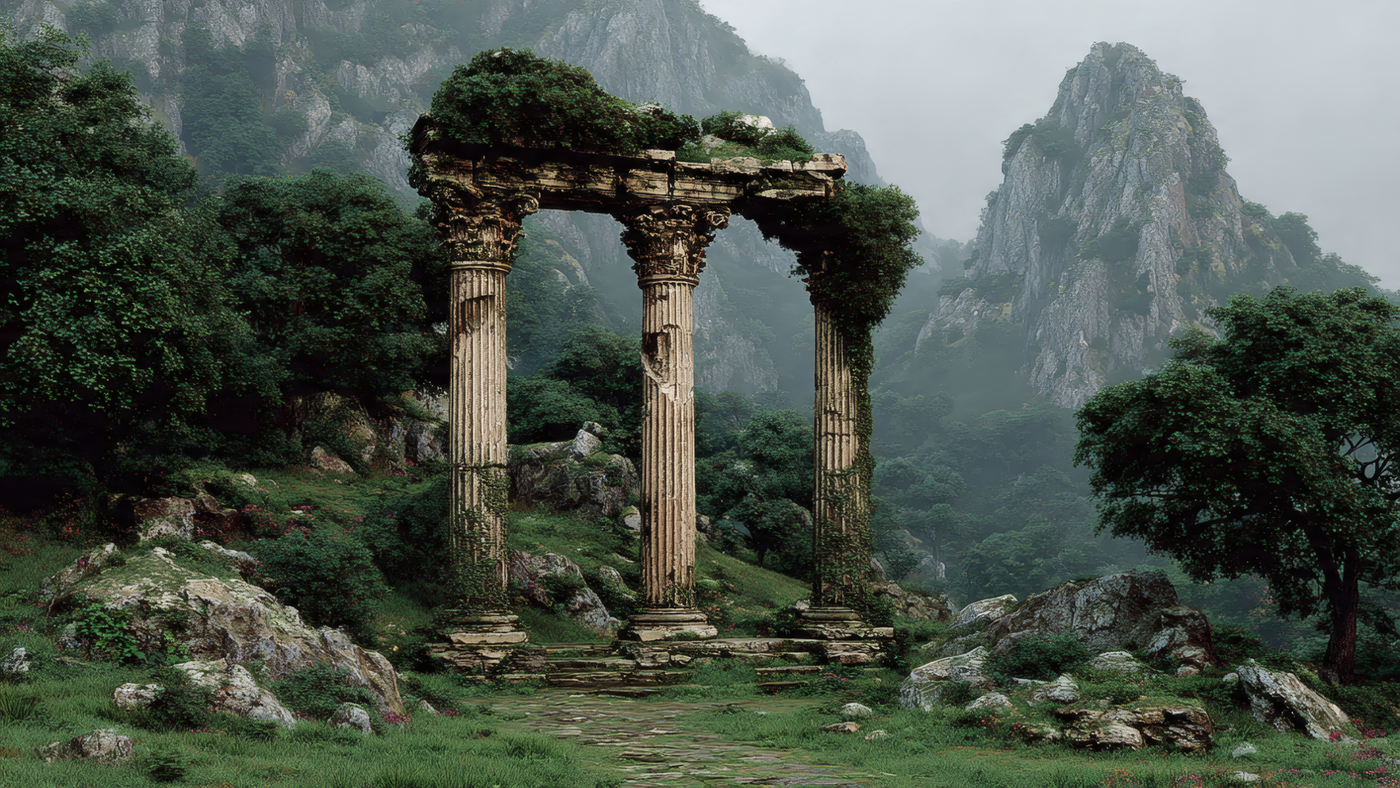 Overgrown Ruins in Forest Mountain Landscape