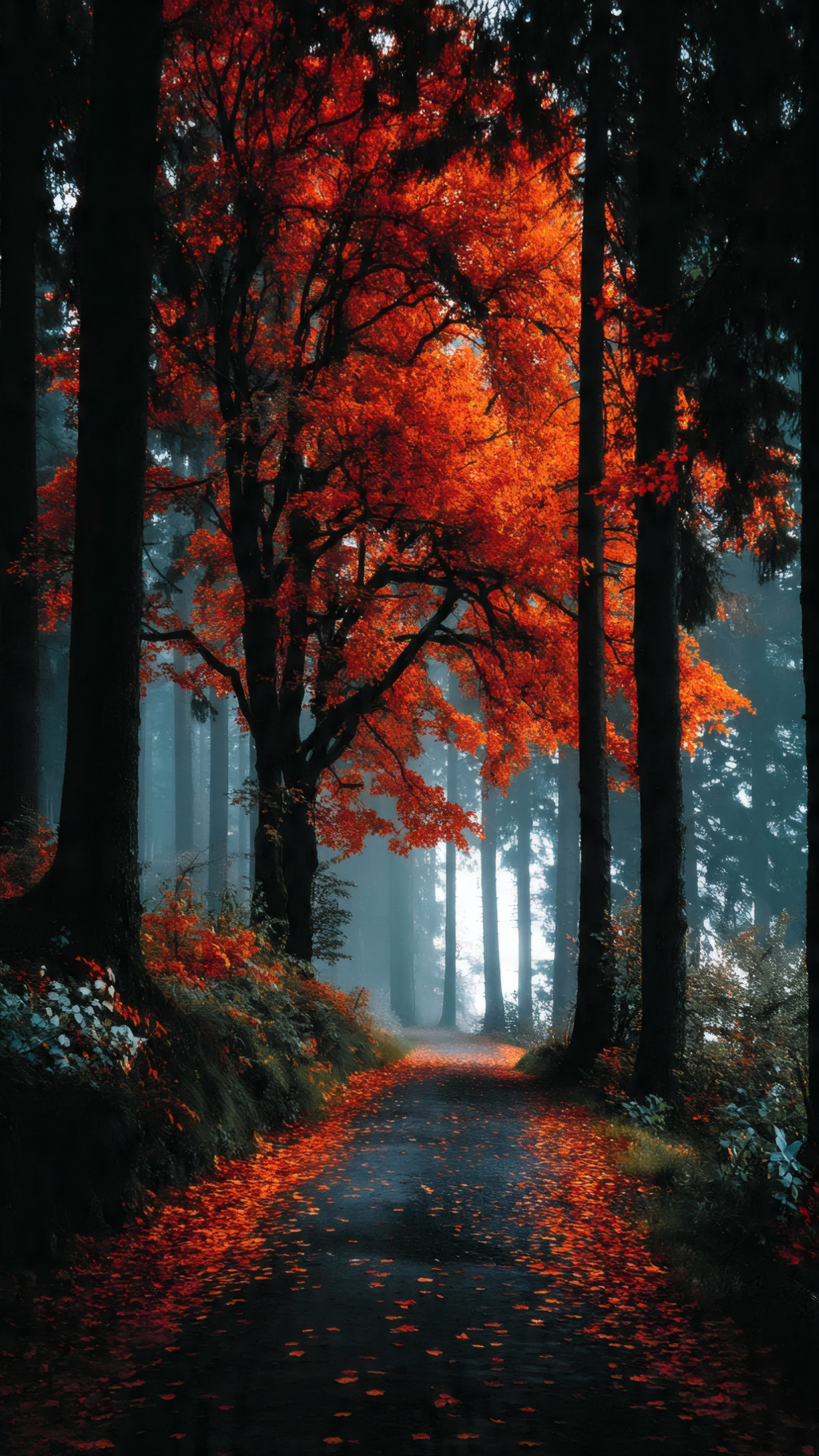 Autumn Forest Path with Colorful Leaves