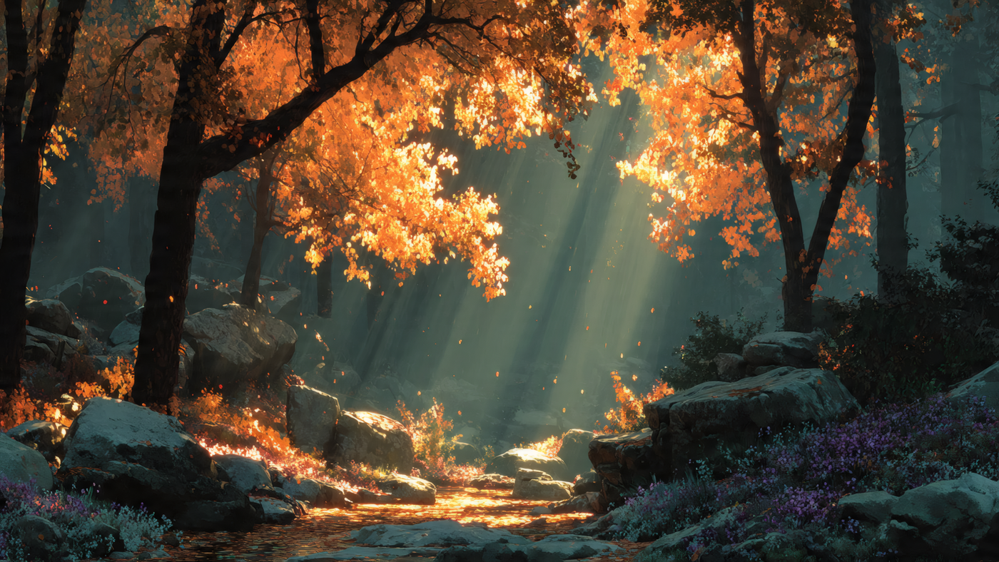 Autumn Forest with Sun Rays