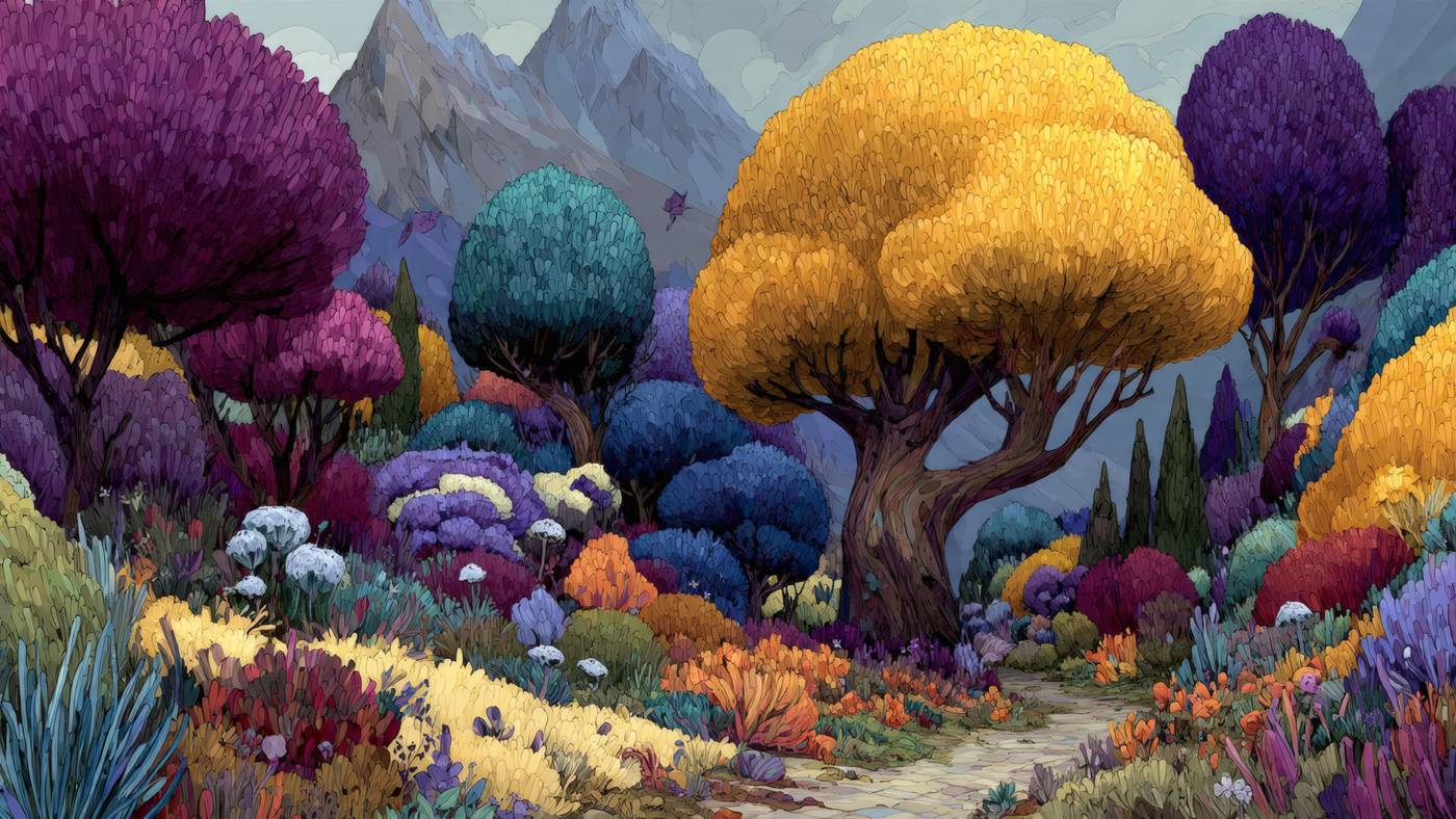 Fantasy Landscape with Colorful Trees and Mountains