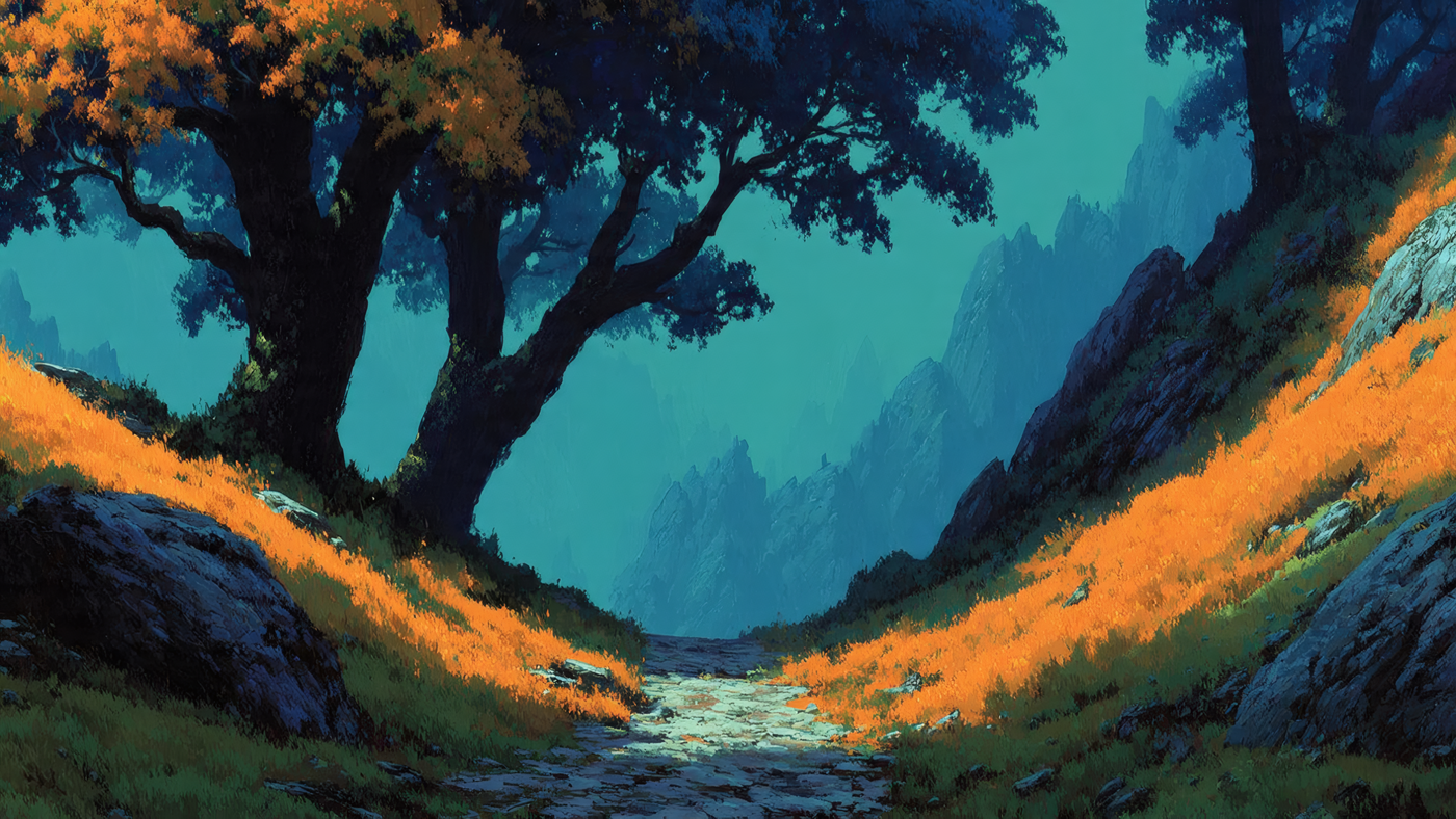 Mountain Path with Trees Landscape