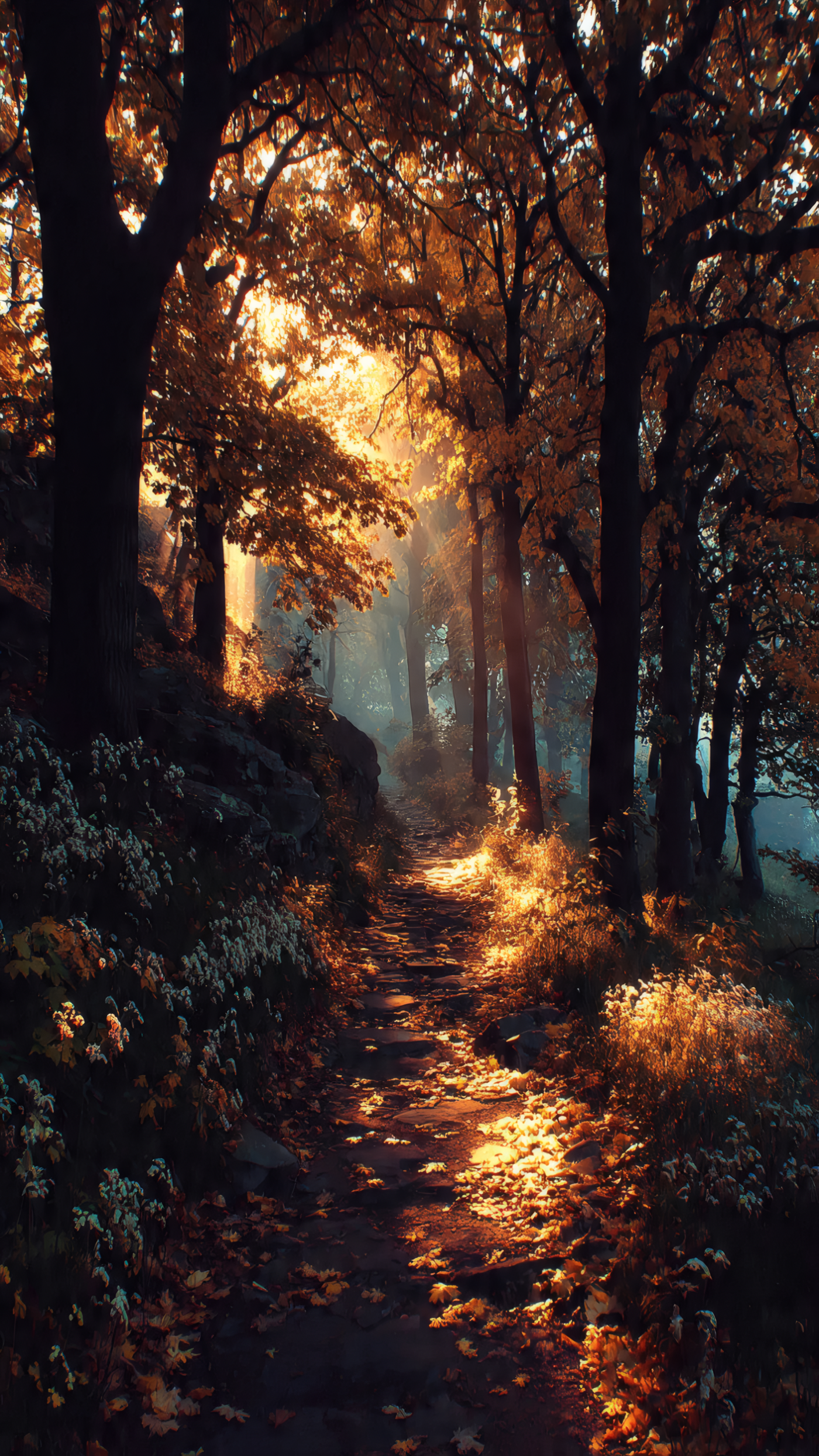 Golden Sunlight Path Through Autumn Forest