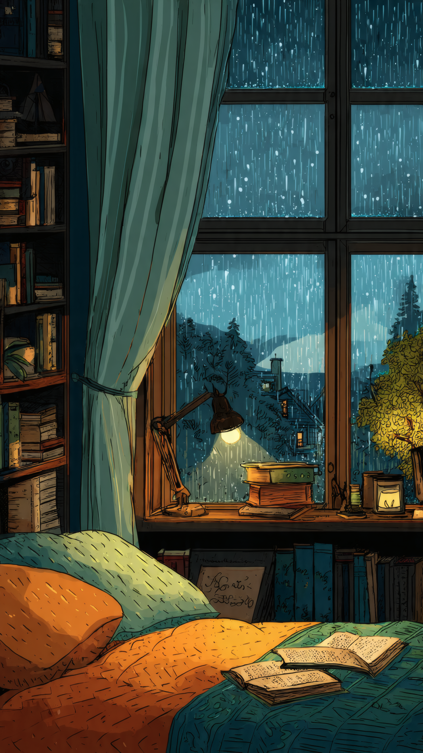 Cozy Bedroom on a Rainy Night Wallpaper