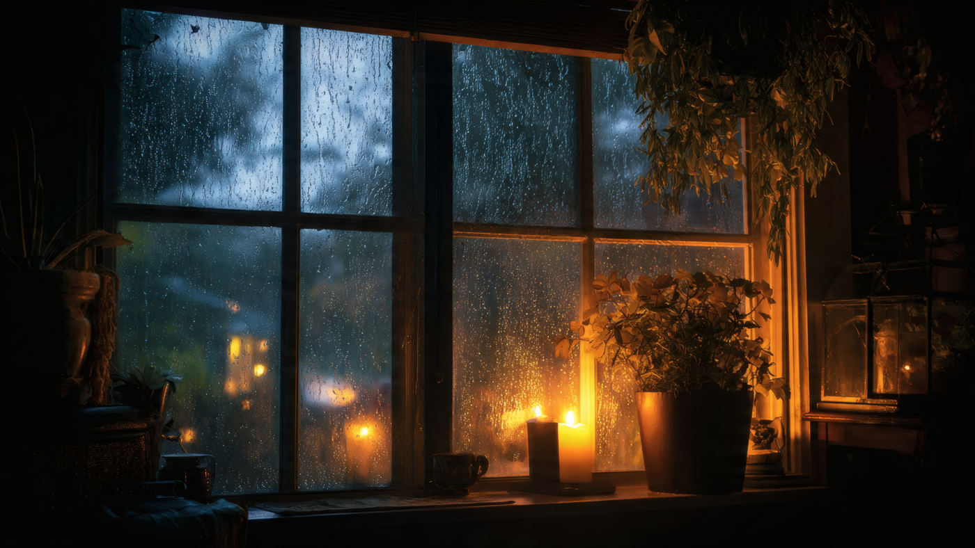 Rainy Window Scene with Candles Wallpaper