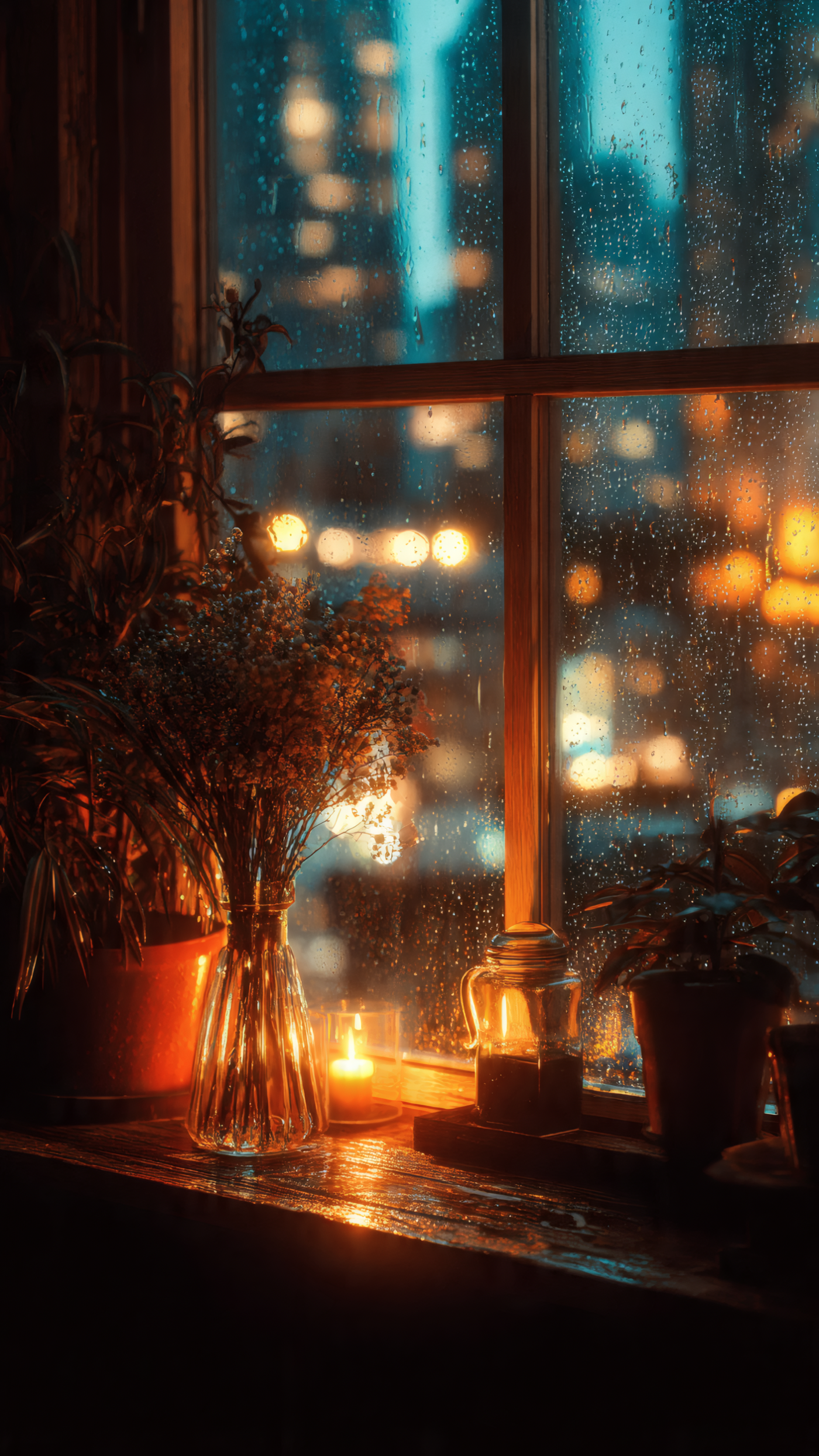 Rainy Window Sill with Plants and Candles