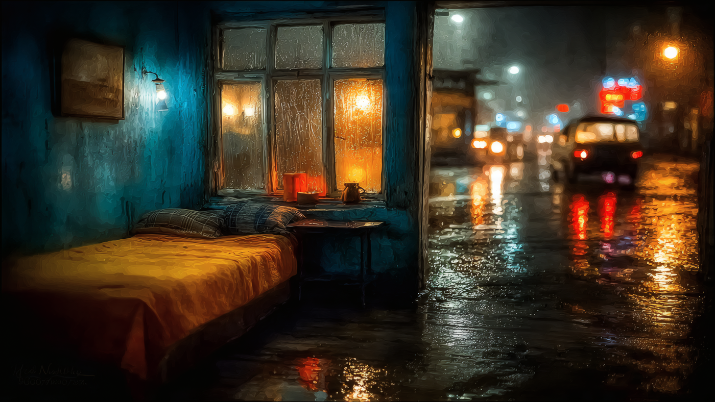 Rainy Night Bedroom with City Lights