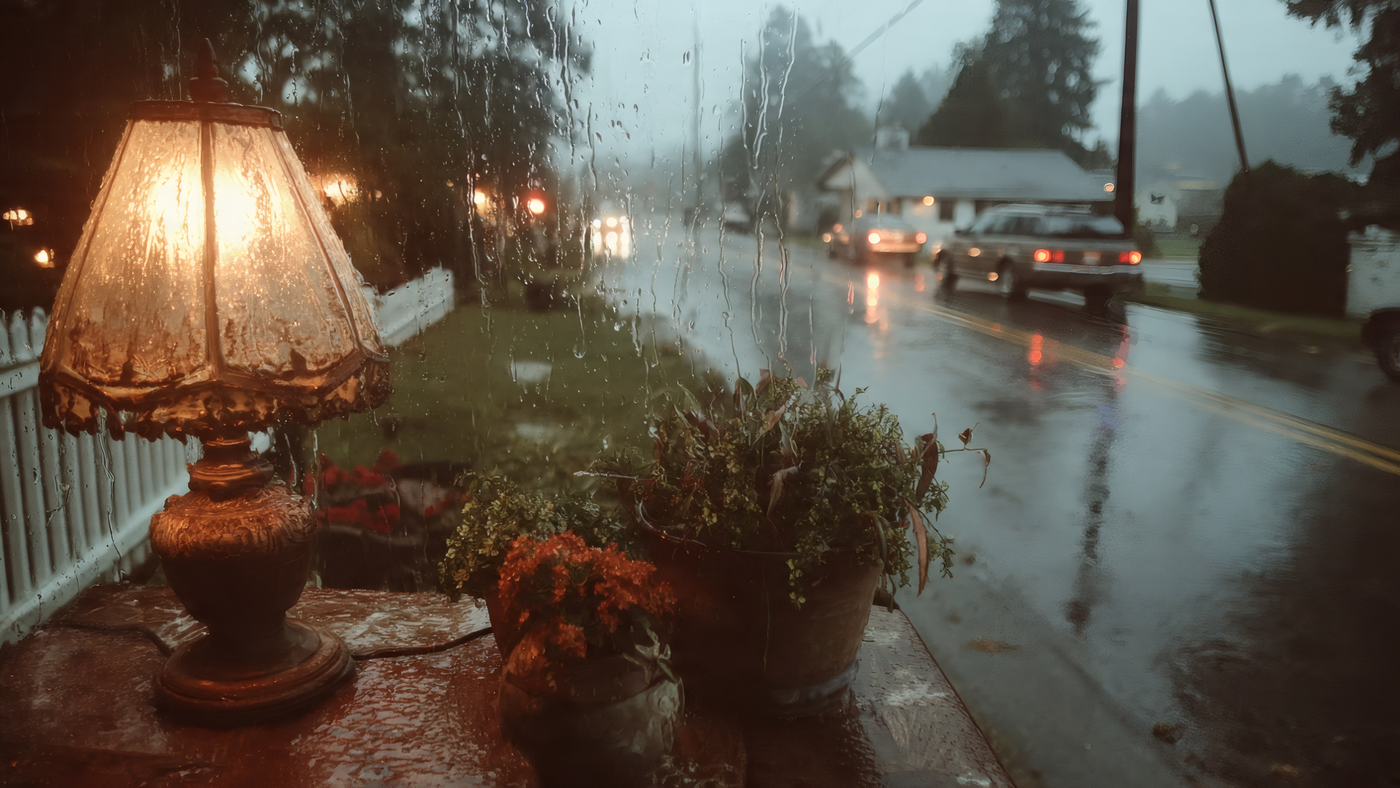 Rainy Day View with Lamp and Plants