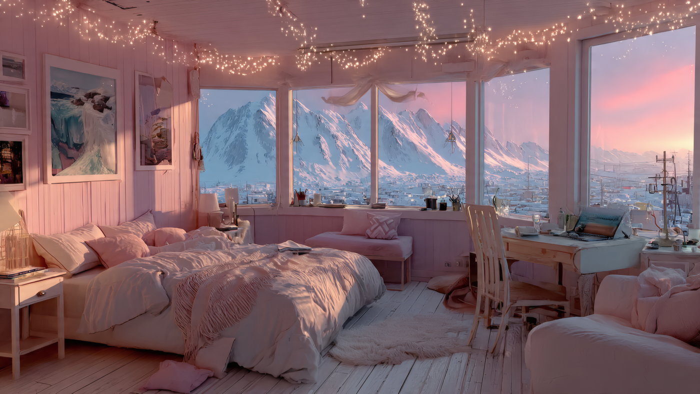 Dreamy Bedroom with Snowy Mountain View
