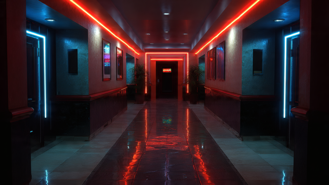Hallway with Red and Blue Neon Lights