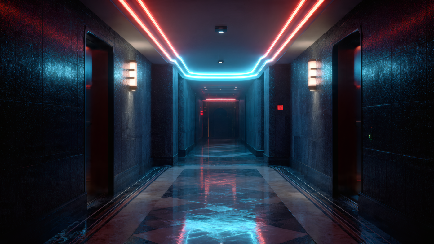 Elevator Hallway with Neon Lighting