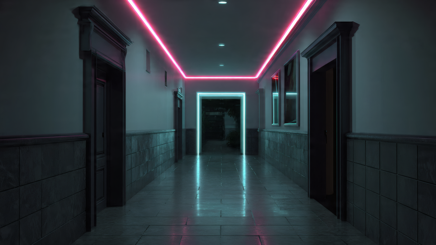 Neon Lit Hallway with Doors
