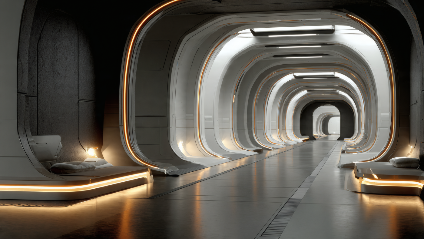 Futuristic Tunnel Interior with Glowing Beds