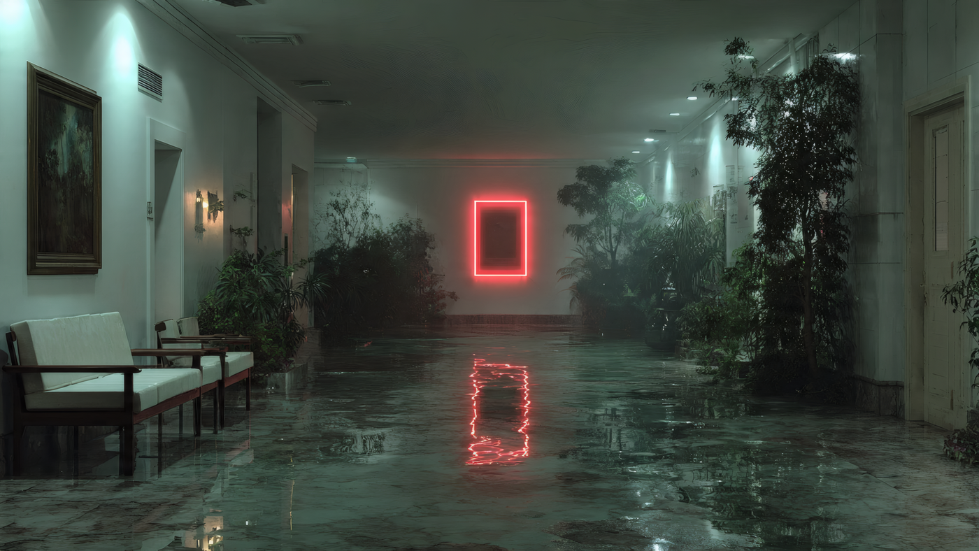 Neon Lit Hallway with Plants and Reflection