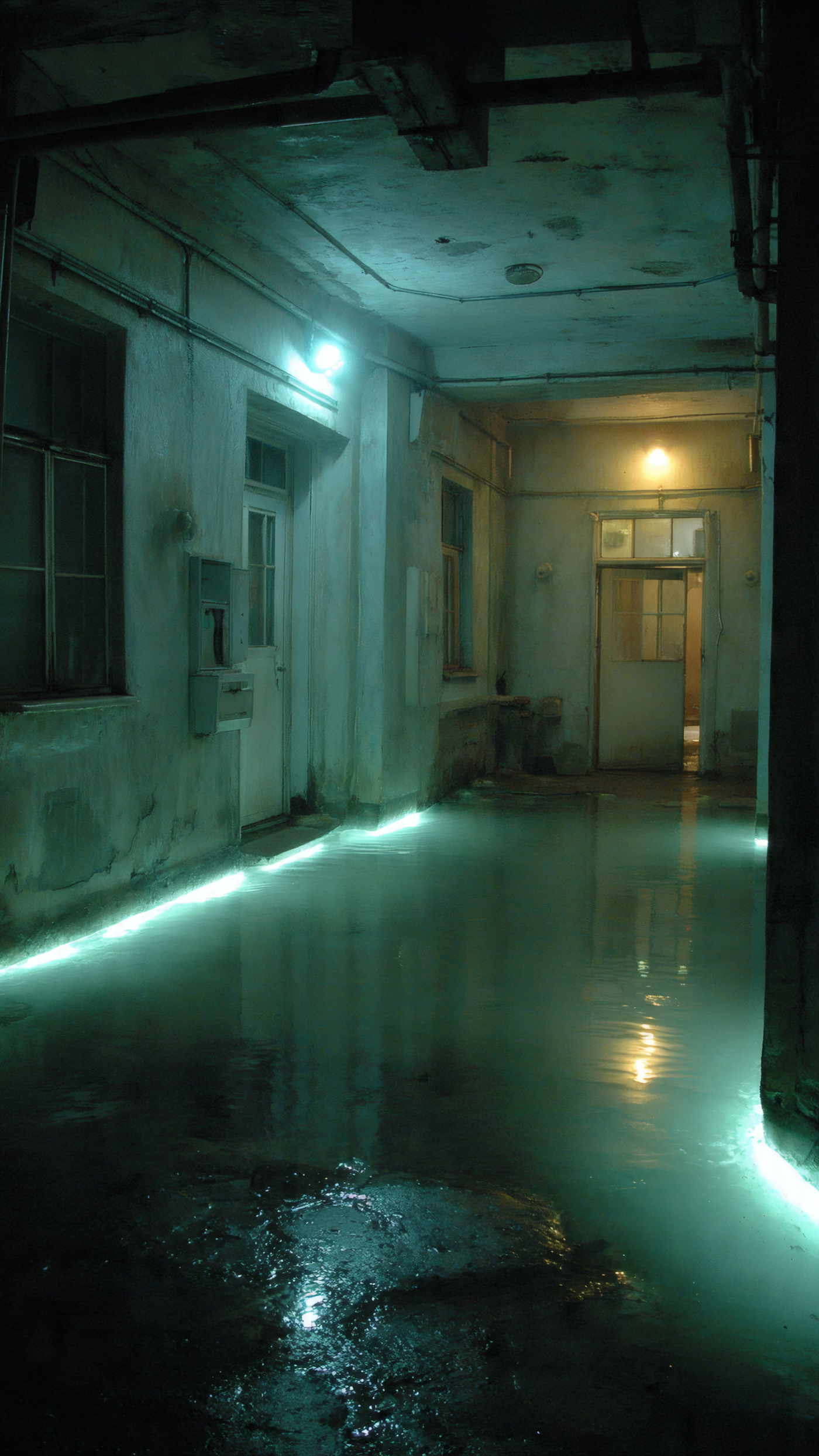 Flooded Interior Space with Neon Lights