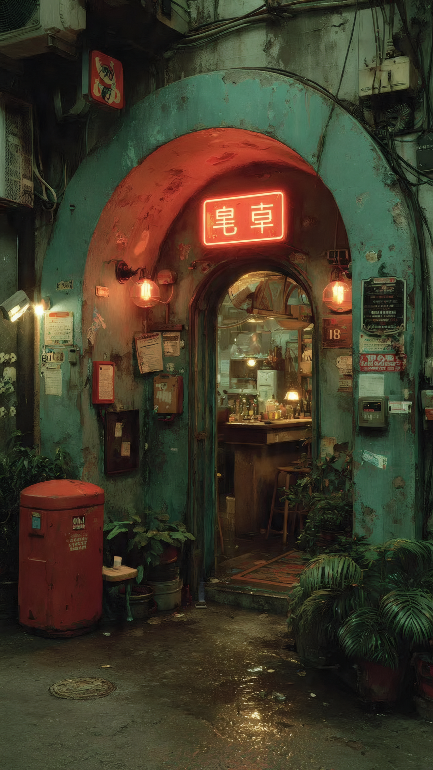 Atmospheric Bar Entrance with Neon Sign