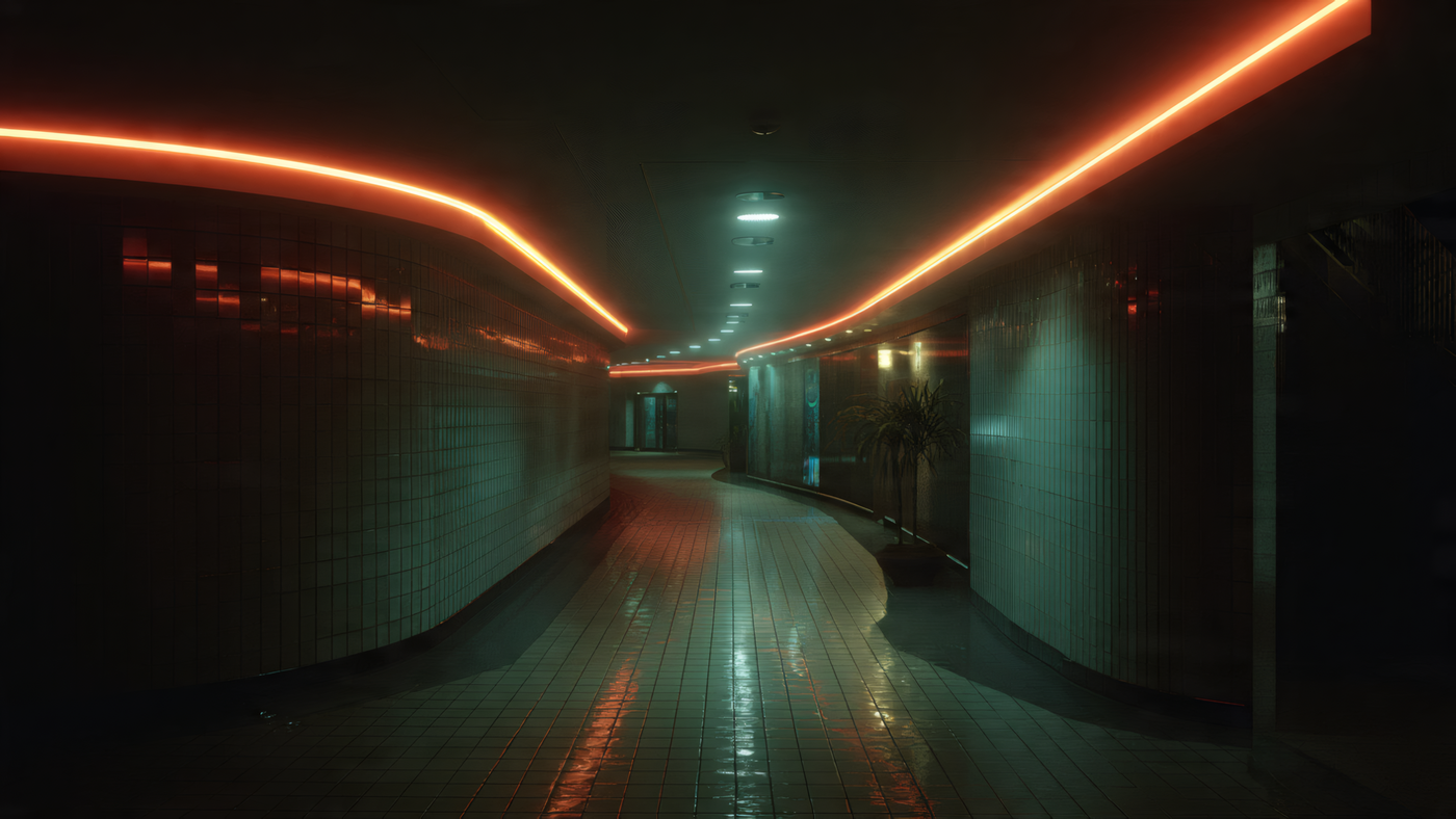 Neon Lit Underground Corridor