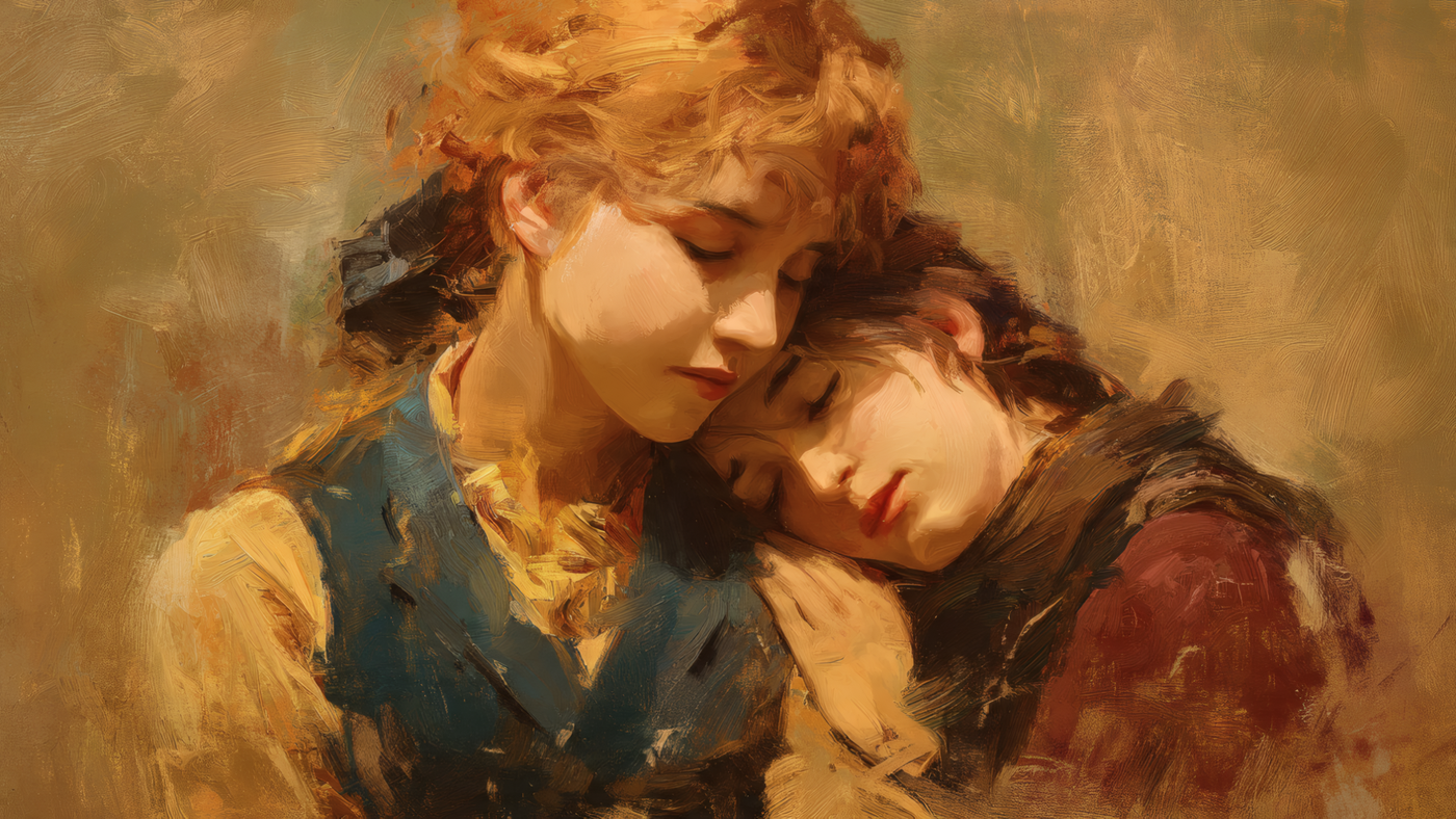 Painting of Two Women Embracing Warmly