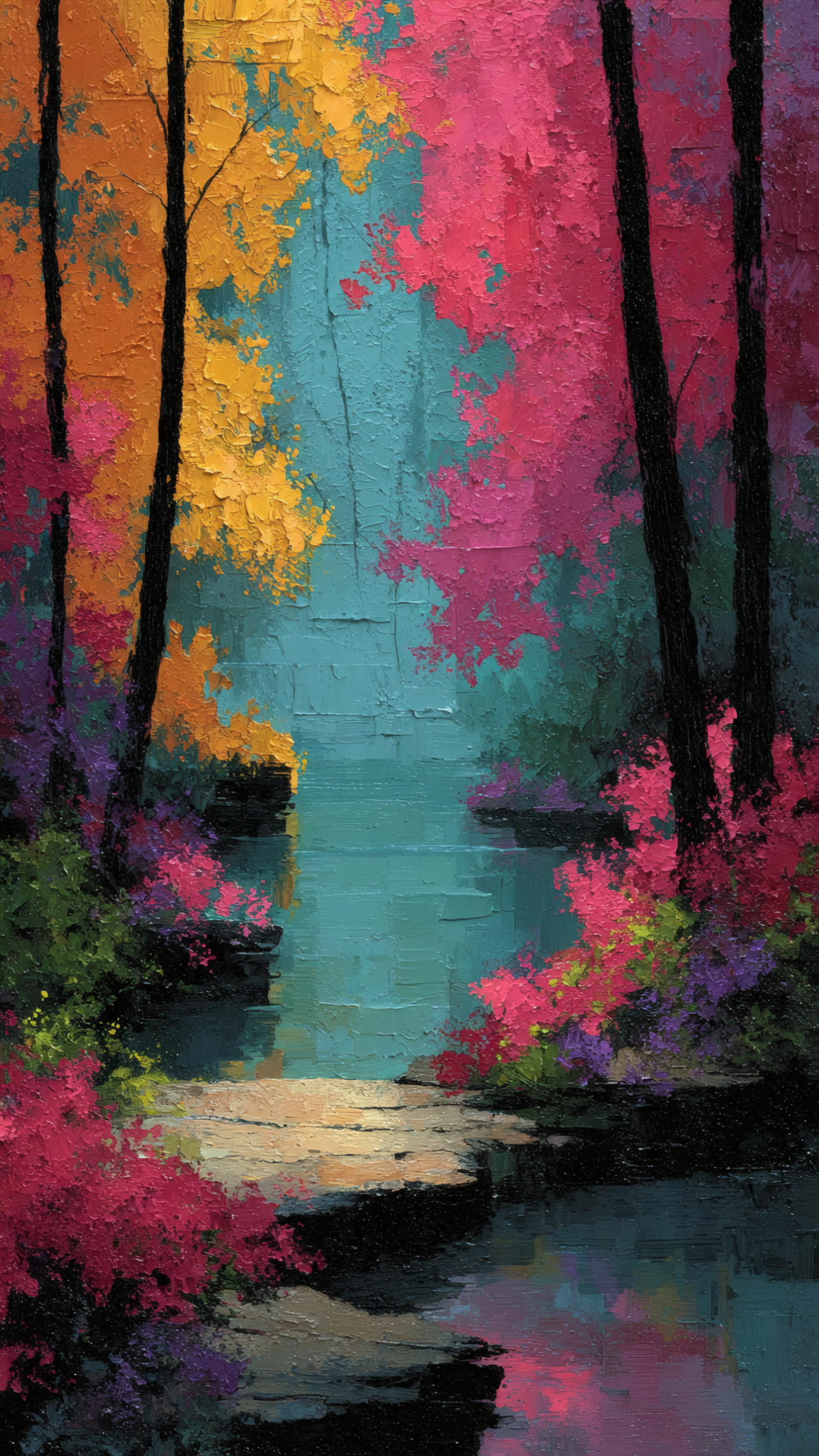 Colorful Forest Stream Painting 4K Wallpaper