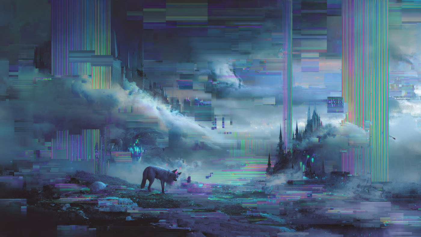 Wolf in Glitch Art Fantasy Landscape