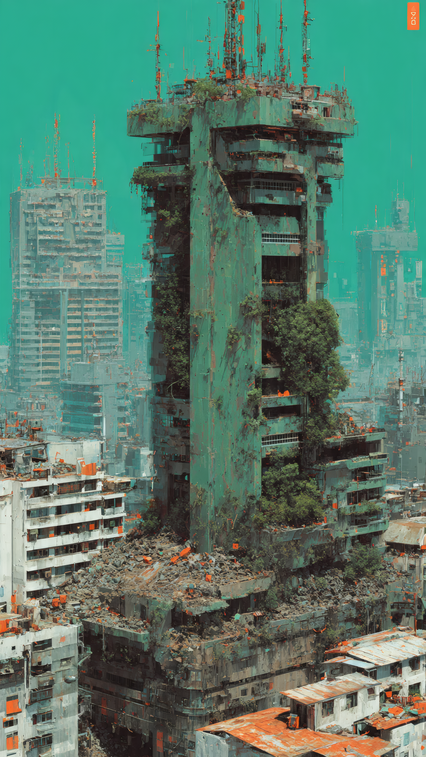 Overgrown Futuristic Ruined City Building