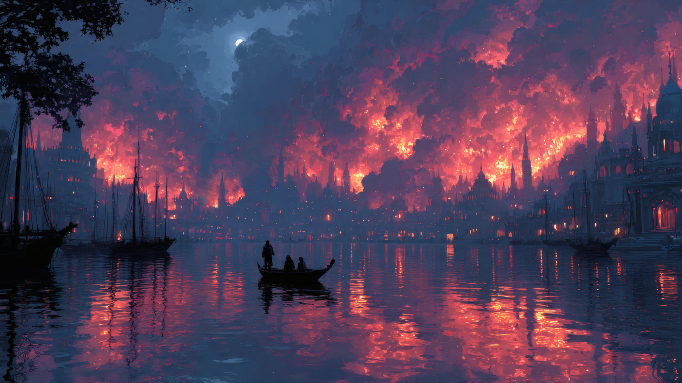 Burning Cityscape Reflected in Water