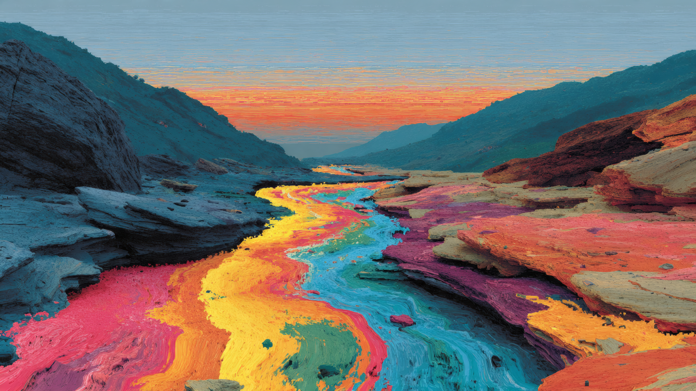 Abstract River Landscape Colorful Valley Painting