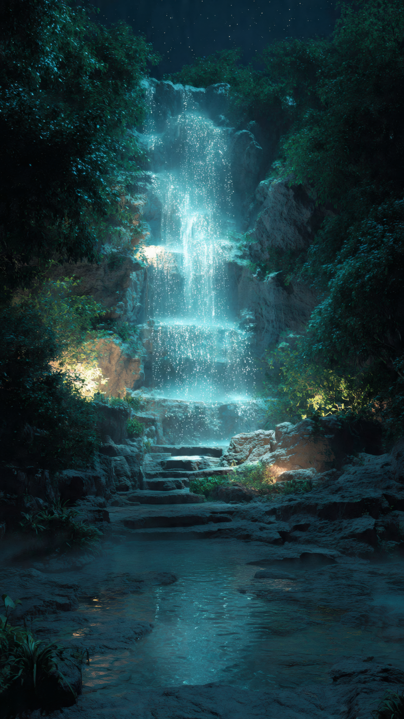 Glowing Waterfall in a Magical Forest