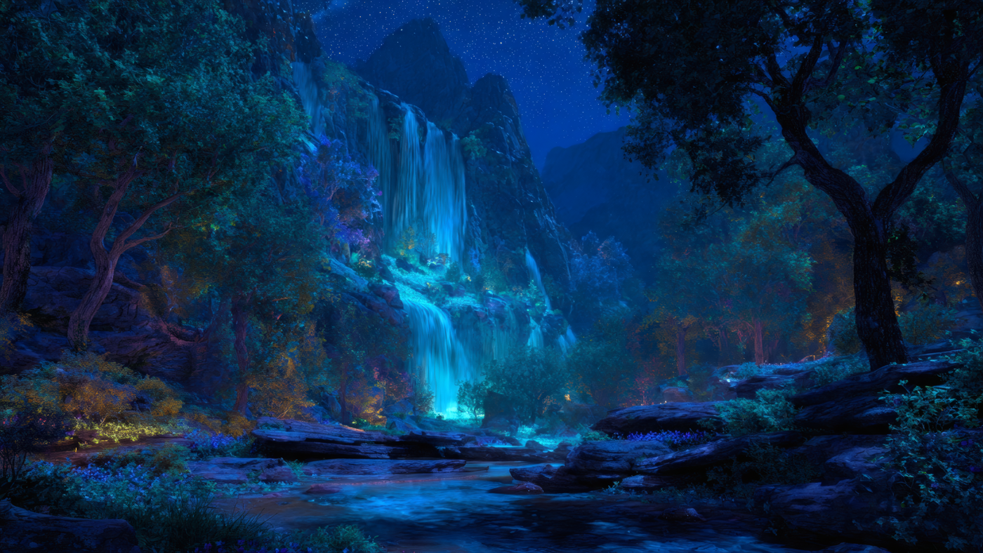Magical Waterfall and Forest at Night