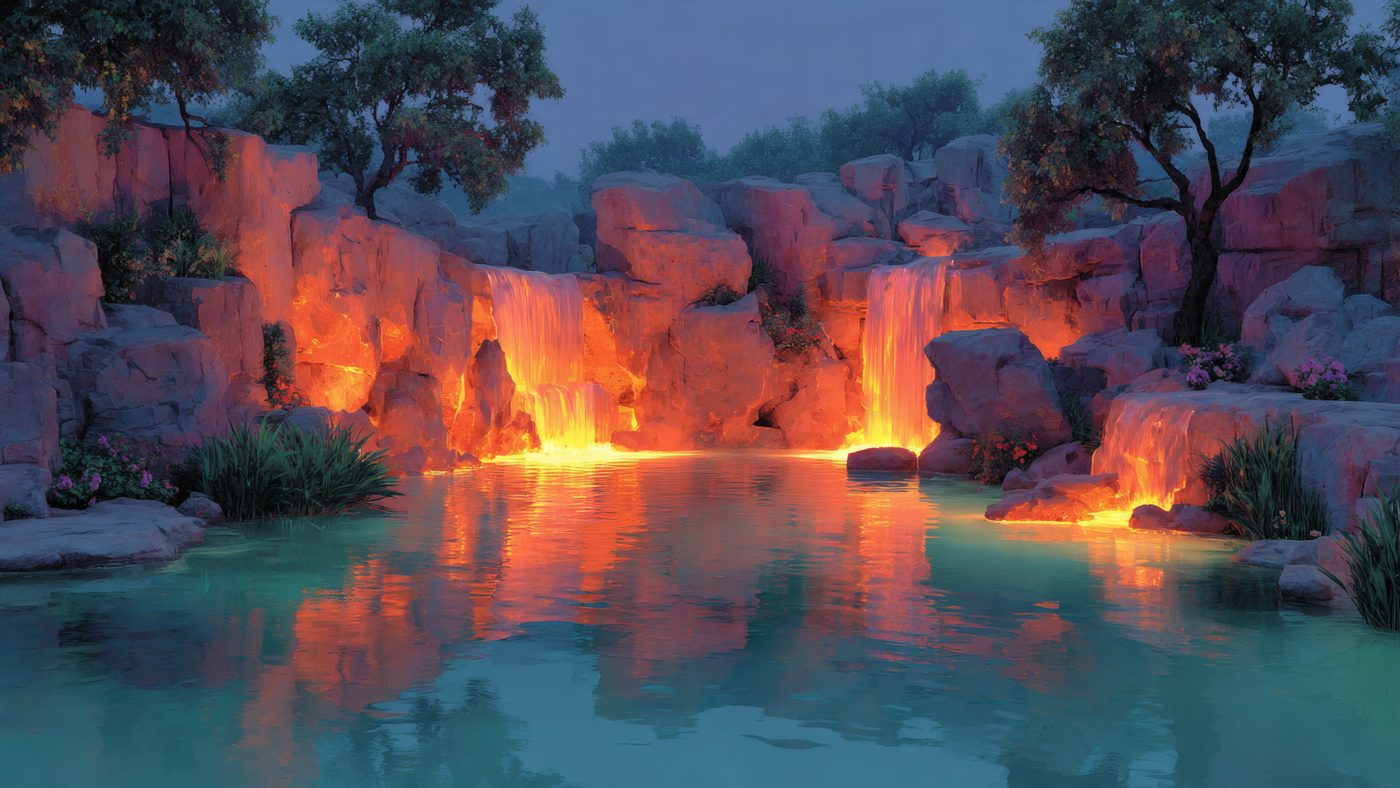 Glowing Waterfall Landscape with Rocks and Trees