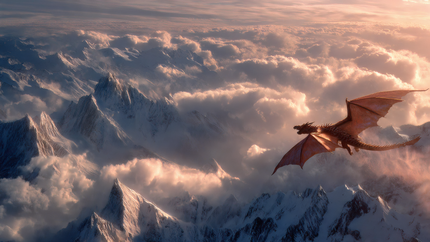 Dragon Soaring Above Snowy Mountain Peaks