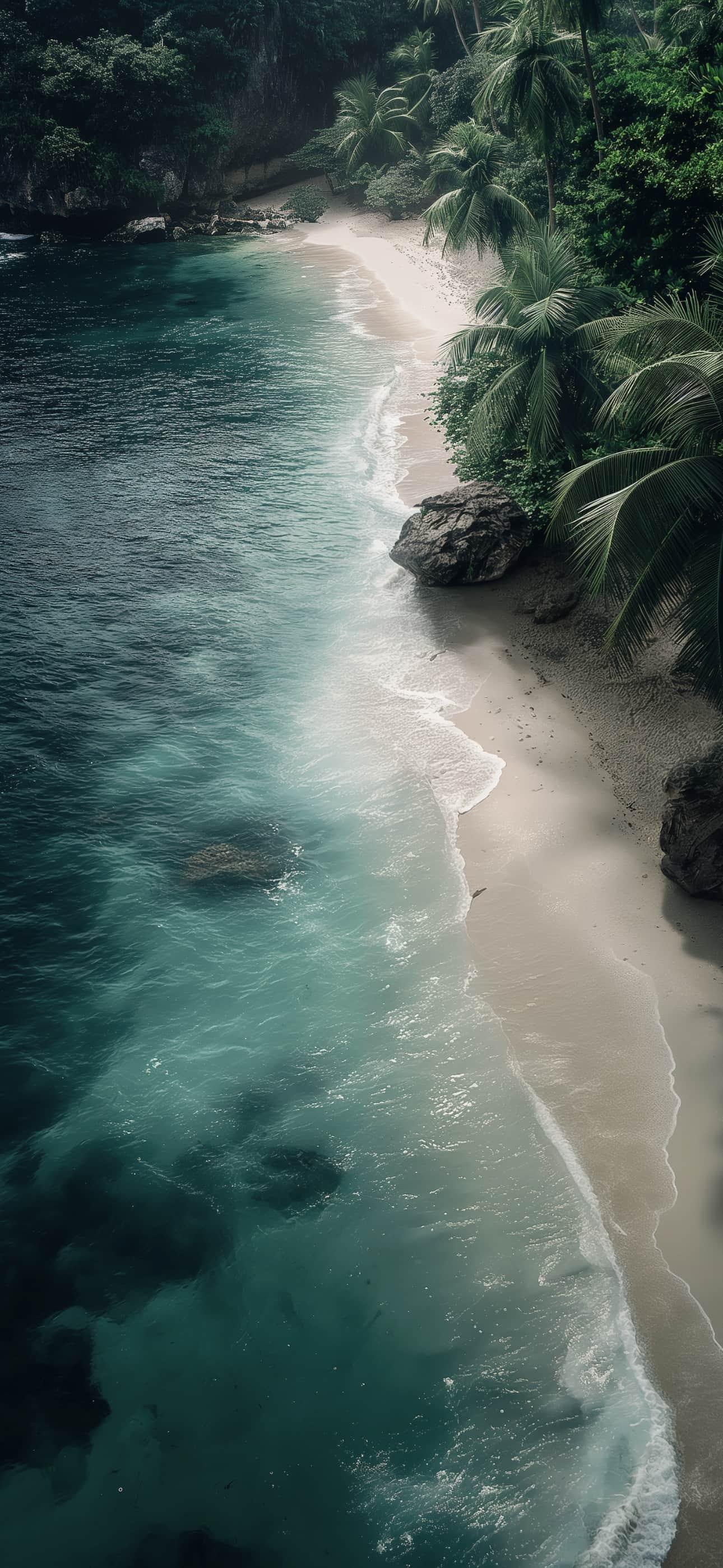 Aerial View of Tropical Beach with Palm Trees