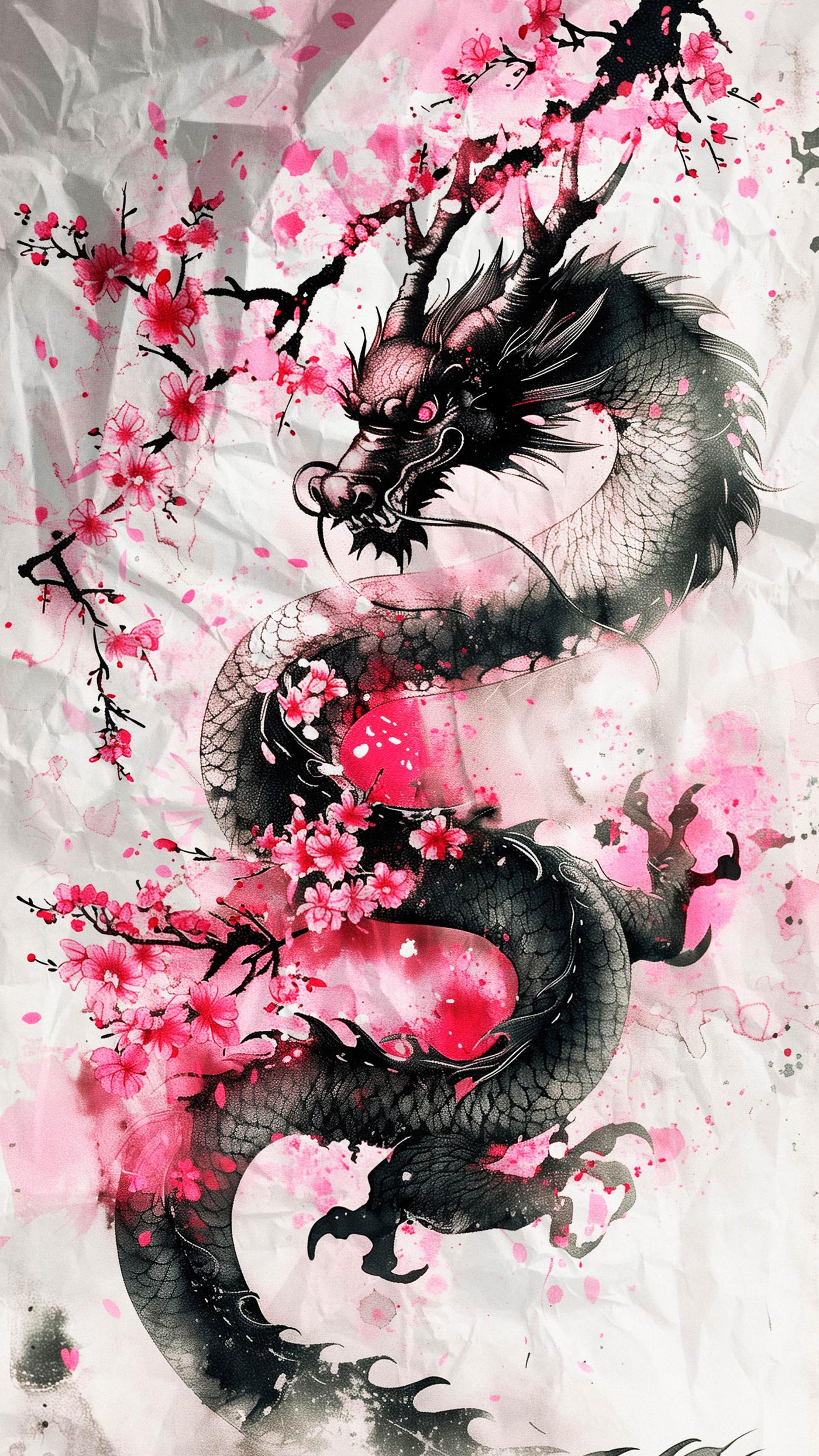 Watercolor Dragon and Cherry Blossoms