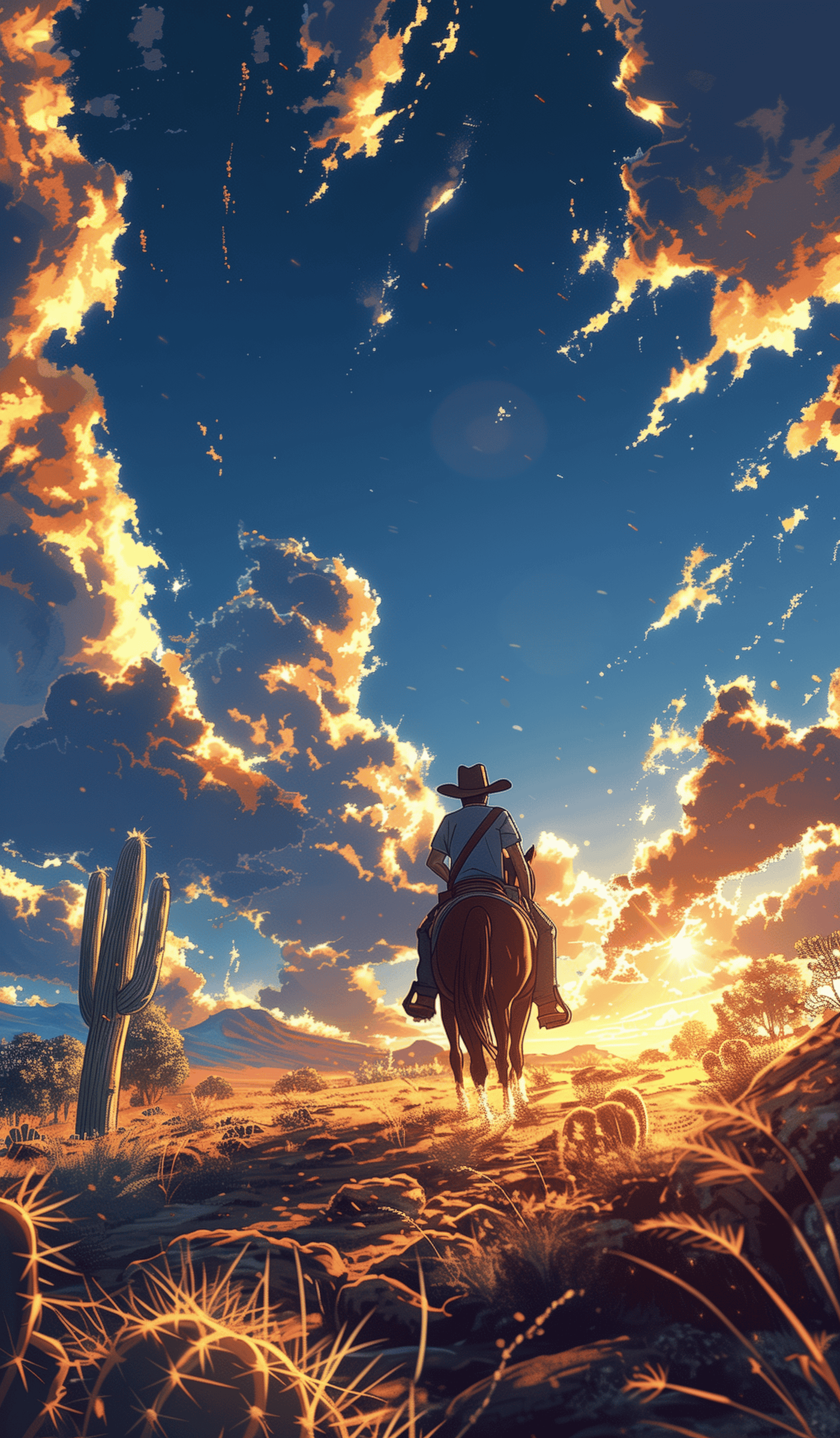 Cowboy Riding Horse at Sunset Desert Landscape