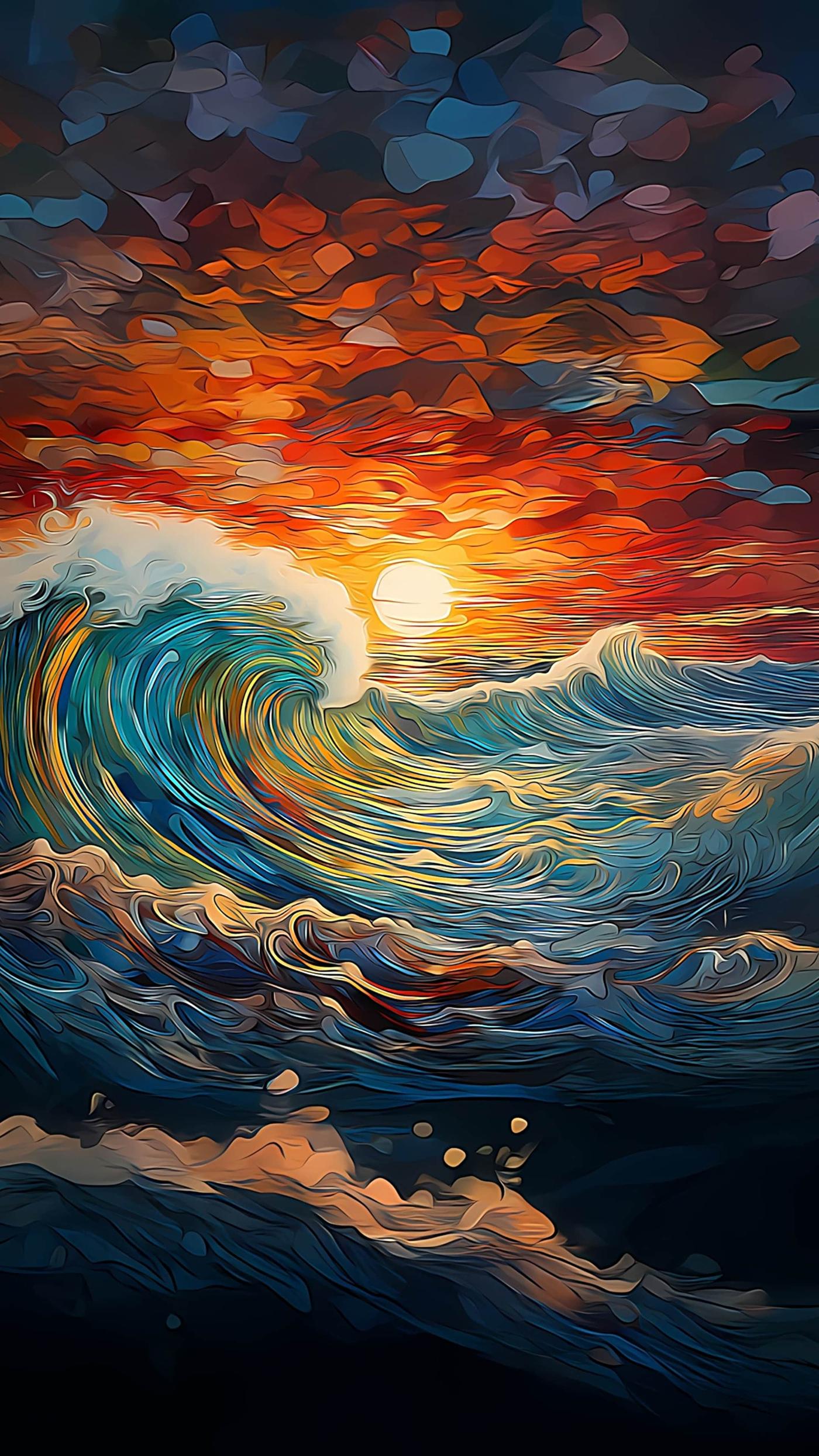 Abstract Ocean Wave and Sunset Art