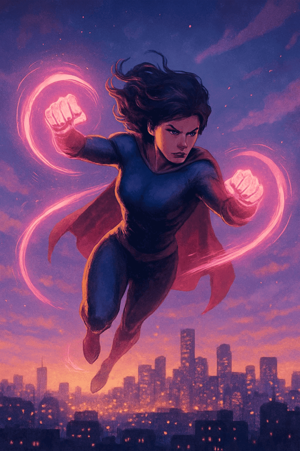 Flying Superhero over City at Night Wallpaper