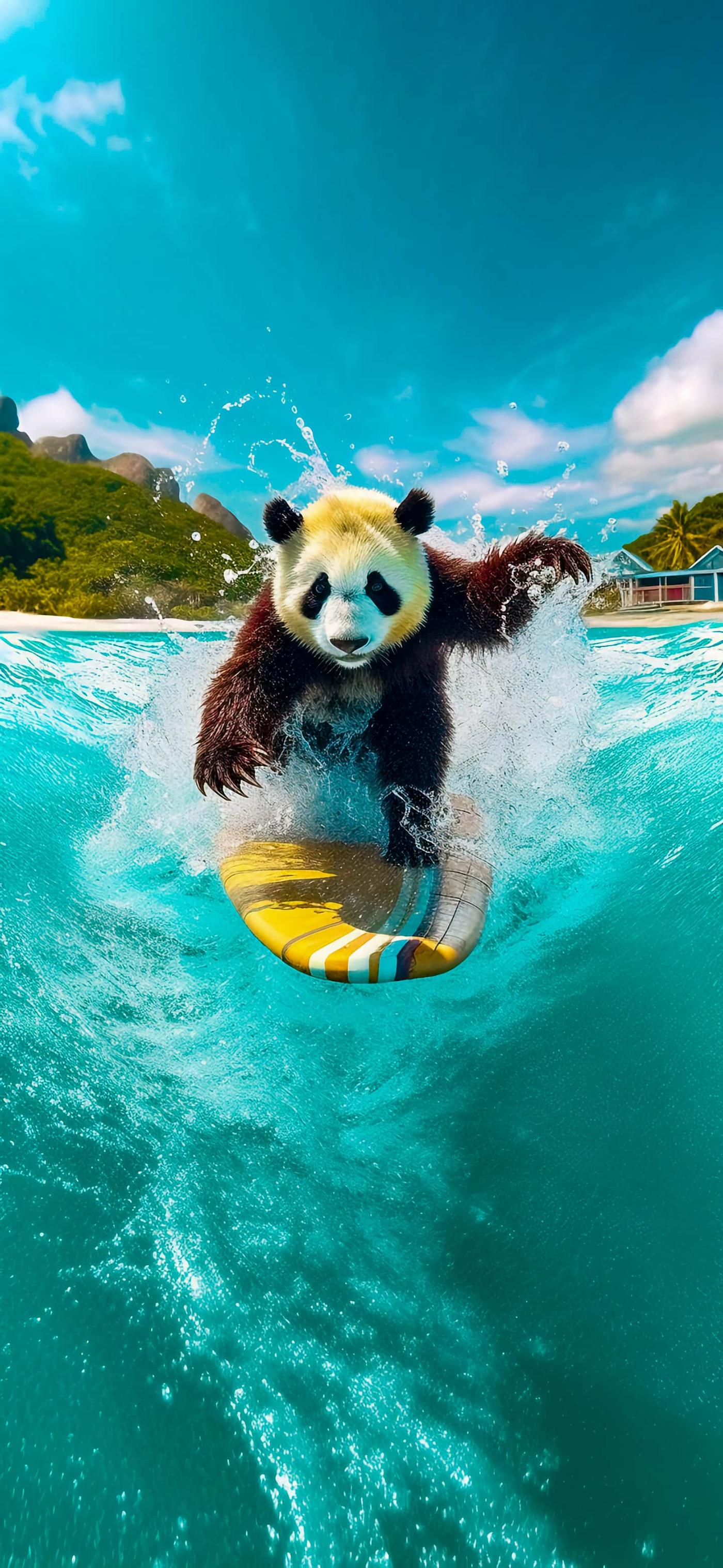 Panda Bear Surfing a Tropical Wave Wallpaper