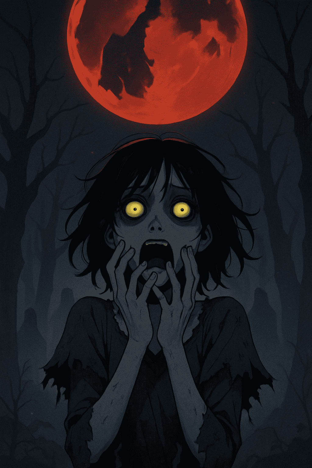 Scared Girl with Yellow Eyes and Red Moon