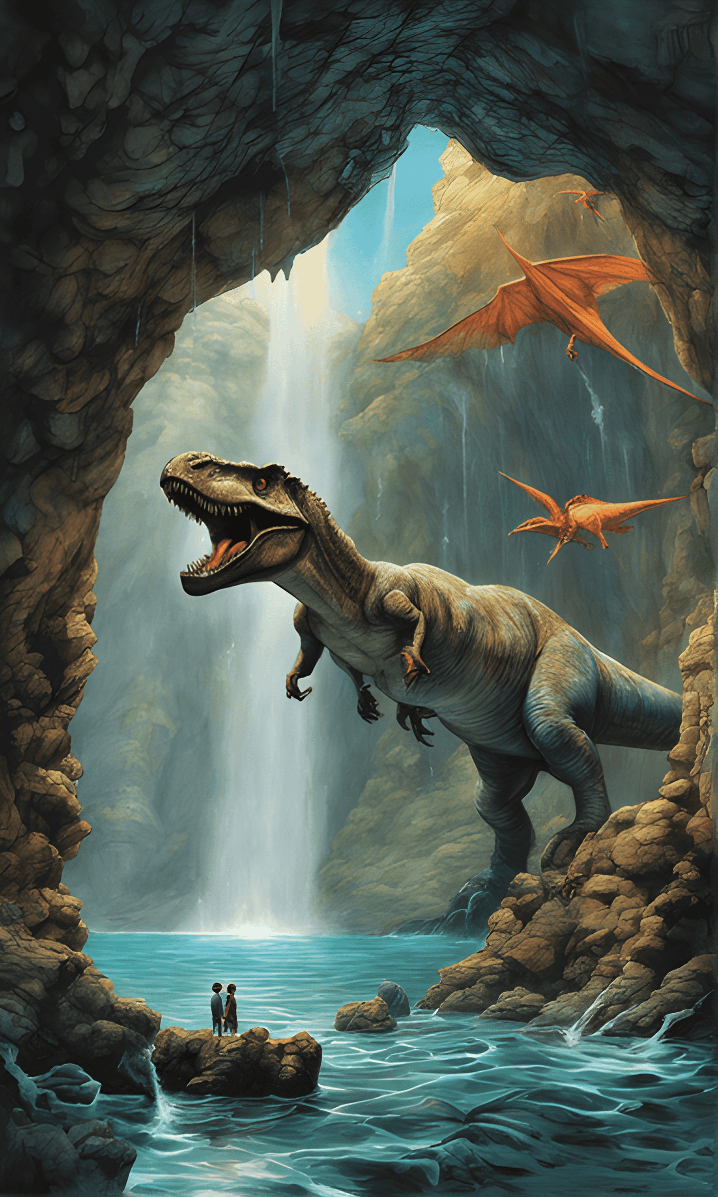 T Rex Waterfall Fantasy Wallpaper Wallpaper