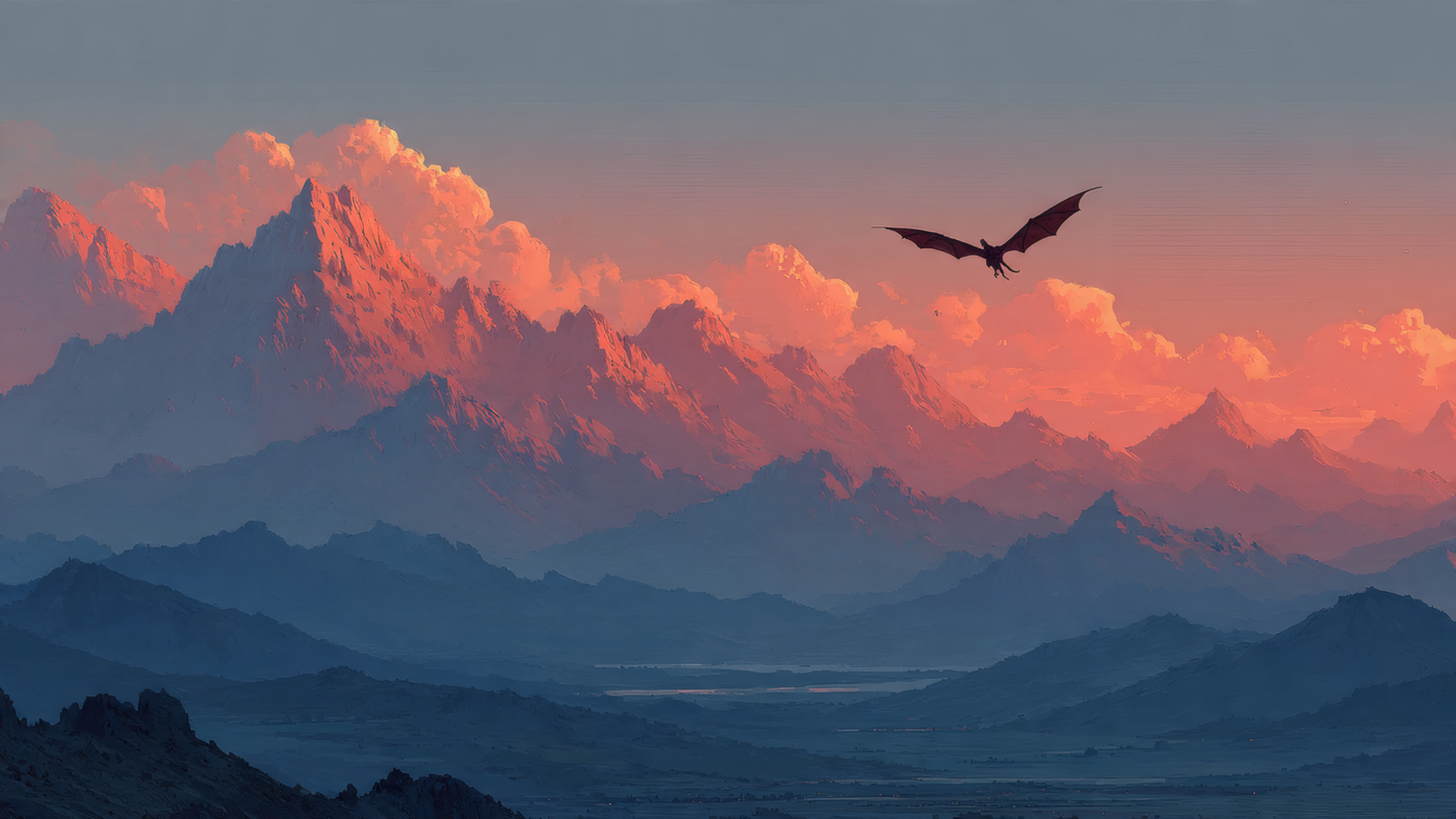 Dragon Flying over Mountain Landscape at Sunset