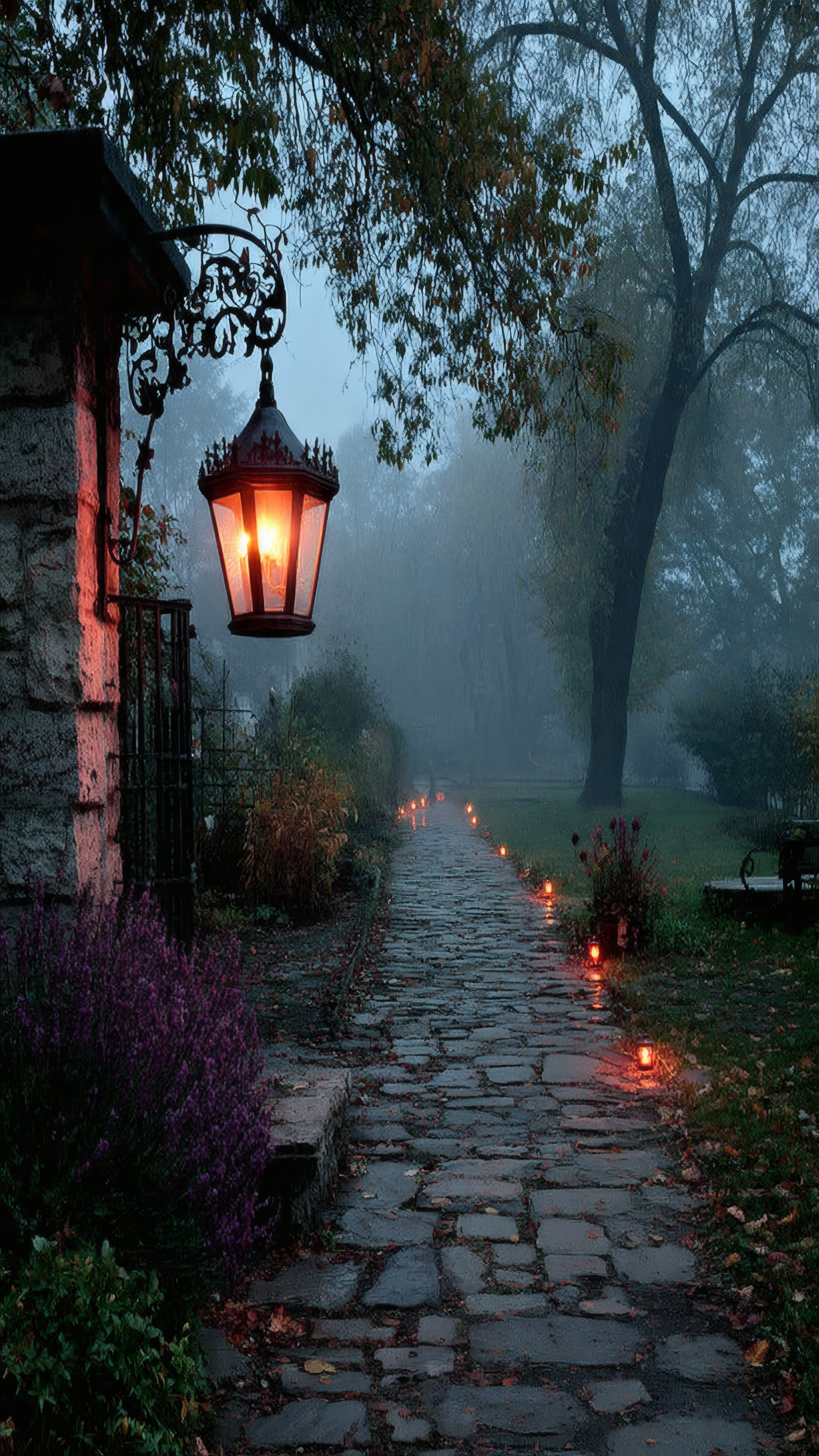 Lantern Pathway in Misty Evening