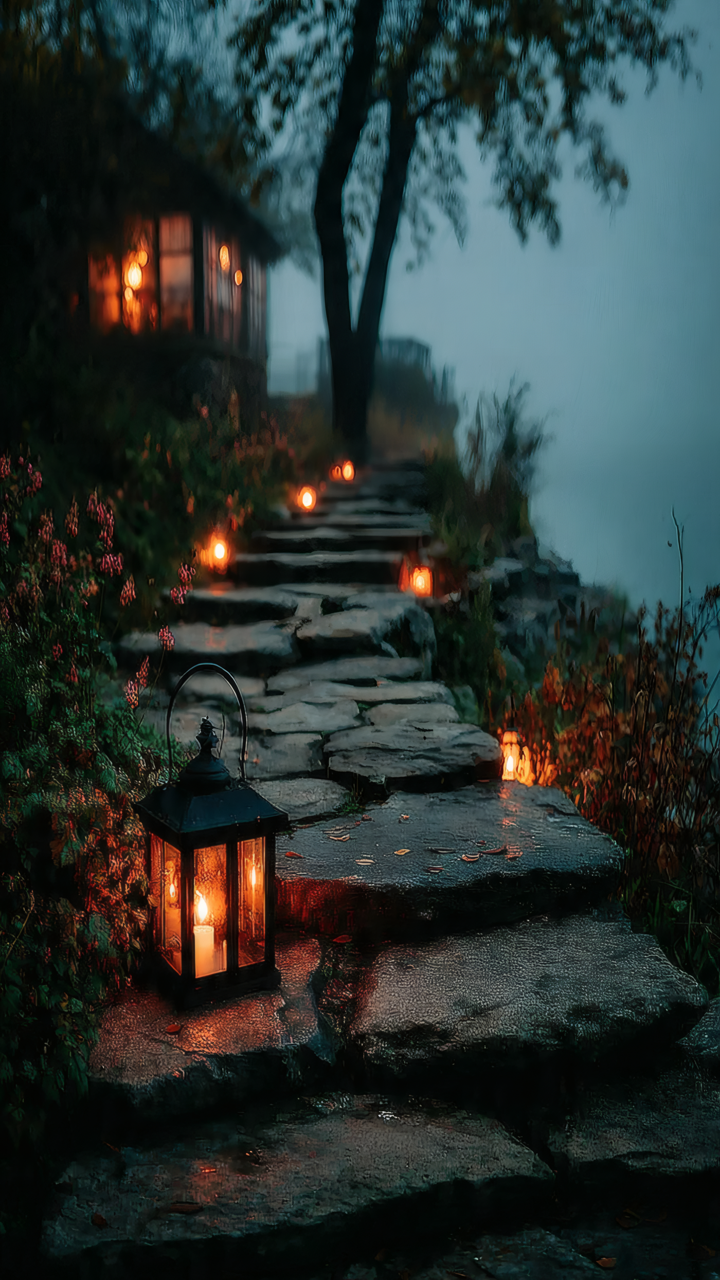 Stone Path with Glowing Lanterns