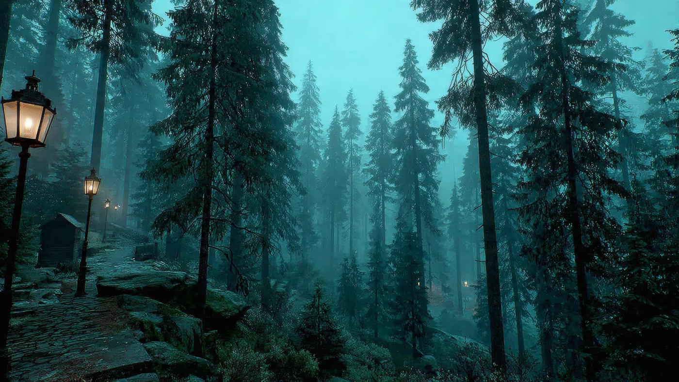 Misty Forest Path with Streetlights