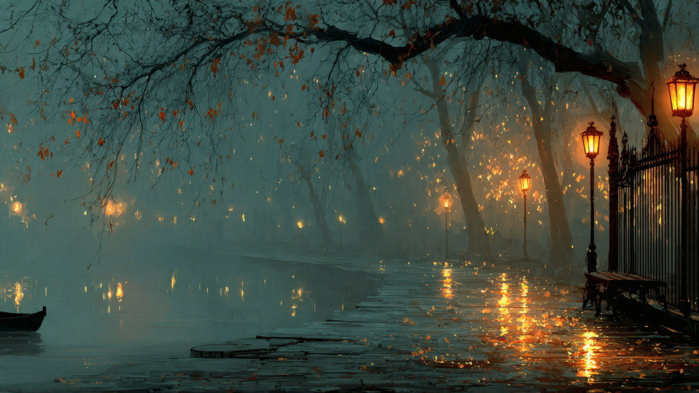 Foggy Park with Glowing Lampposts Art