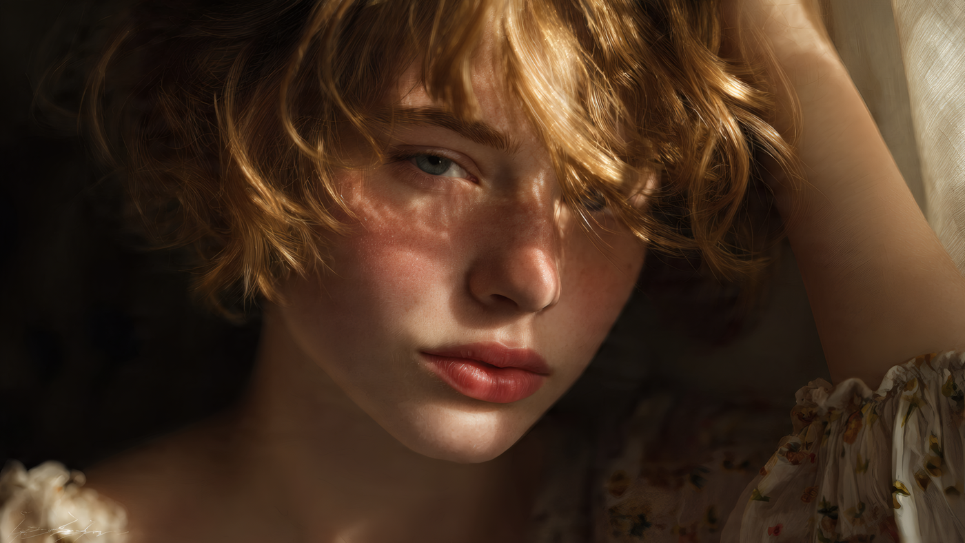 Girl with Red Hair in Dramatic Lighting