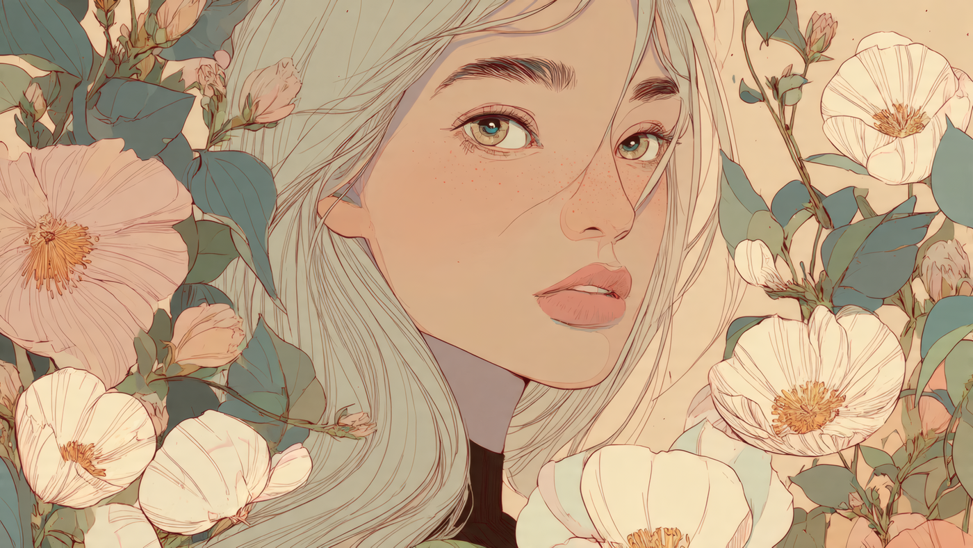 Girl Portrait with Flowers Art Illustration
