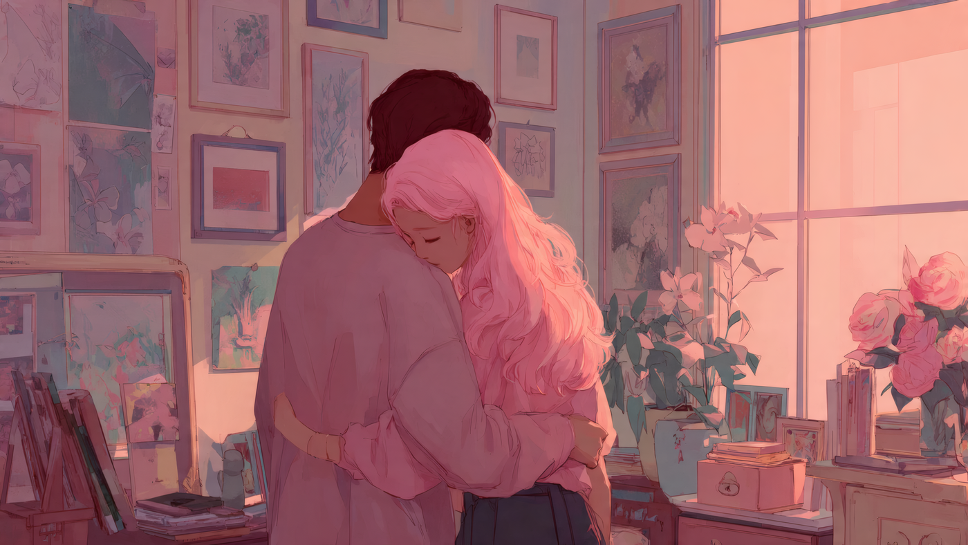 Romantic Couple Embrace in Art Studio